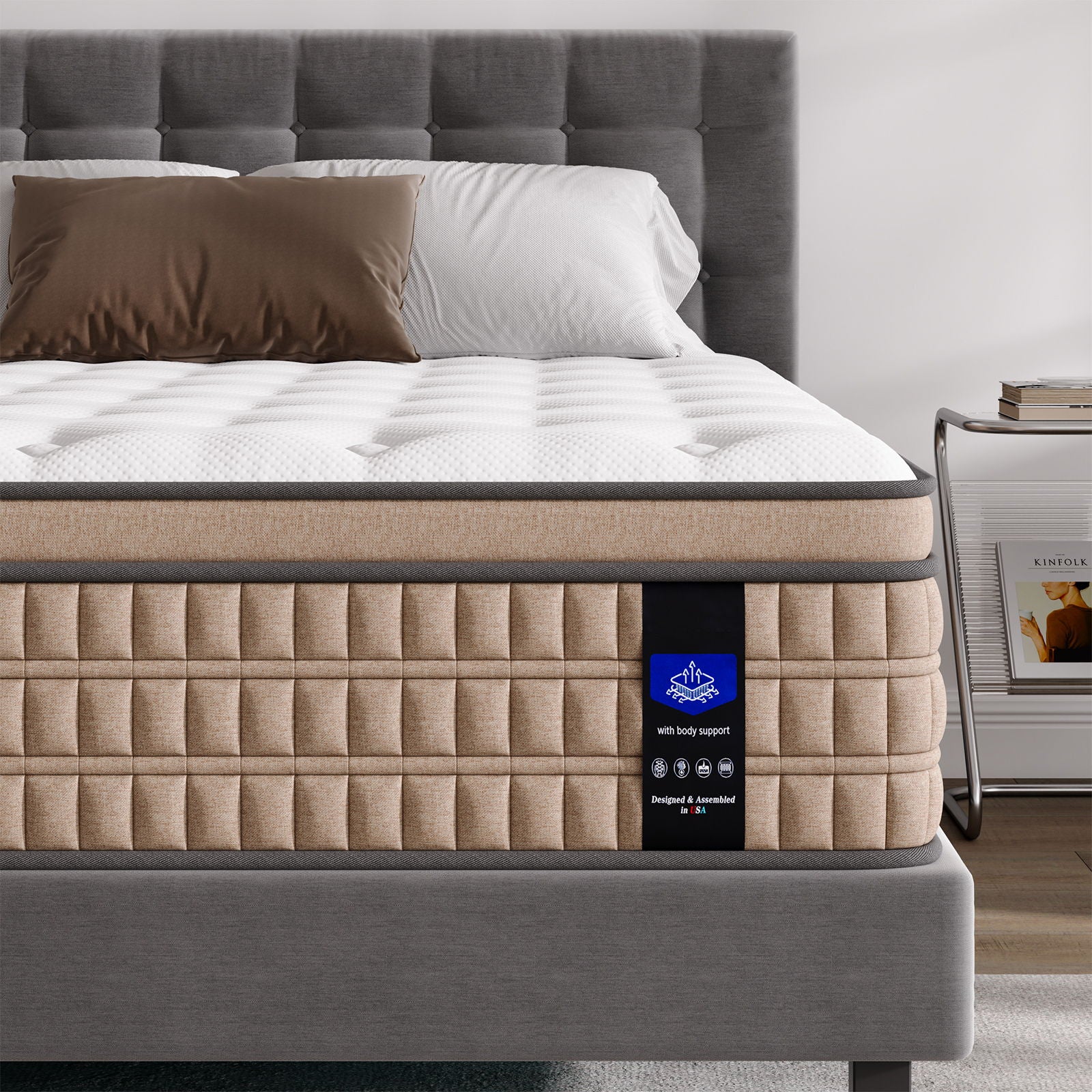 14" King Mattress Hotel Collection Hybrid Mattress With Gel Memory Foam & Pocket Springs - Brown / White - Image 4