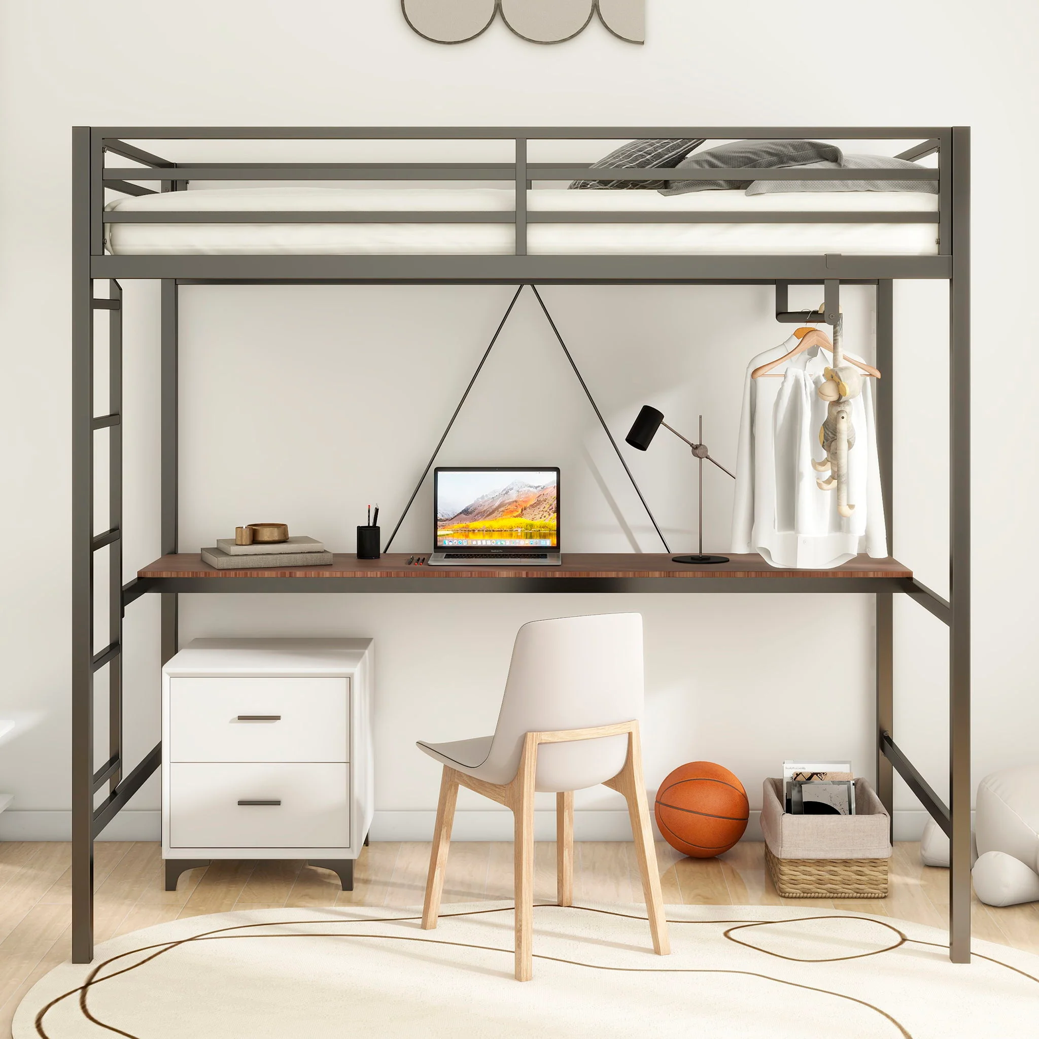 Adam - Twin Loft Bunk Bed With Cinnamon Wood Desk And Closet Rod - Black - Image 3
