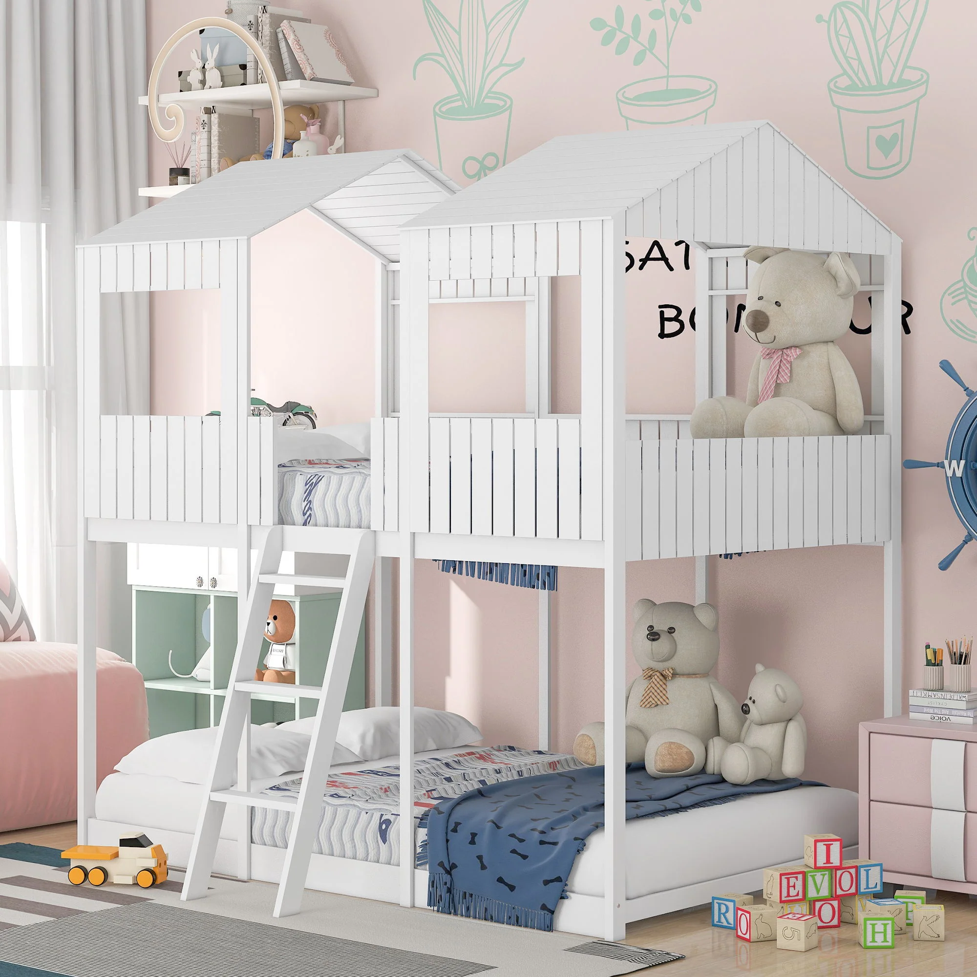 Bunk Bed With Roof, Window, Guardrail, Ladder - Image 2