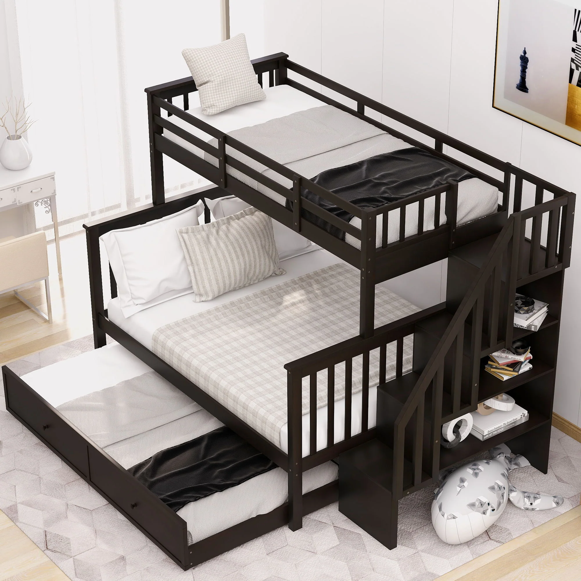 Bunk Bed With Twin Size Trundle, Storage And Guard Rail For Bedroom - Image 4