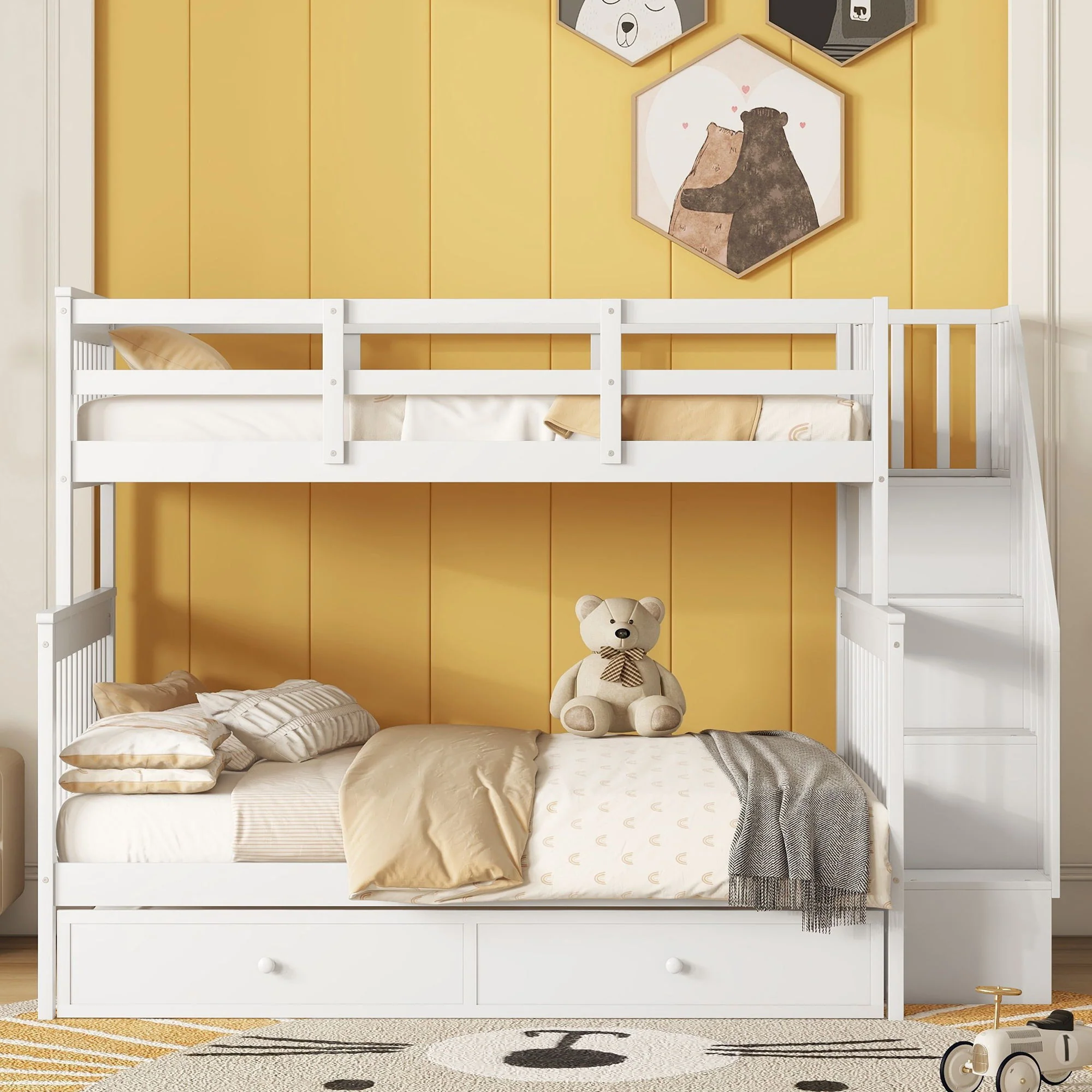 Bunk Bed With Twin Size Trundle, Storage And Guard Rail For Bedroom - Image 7