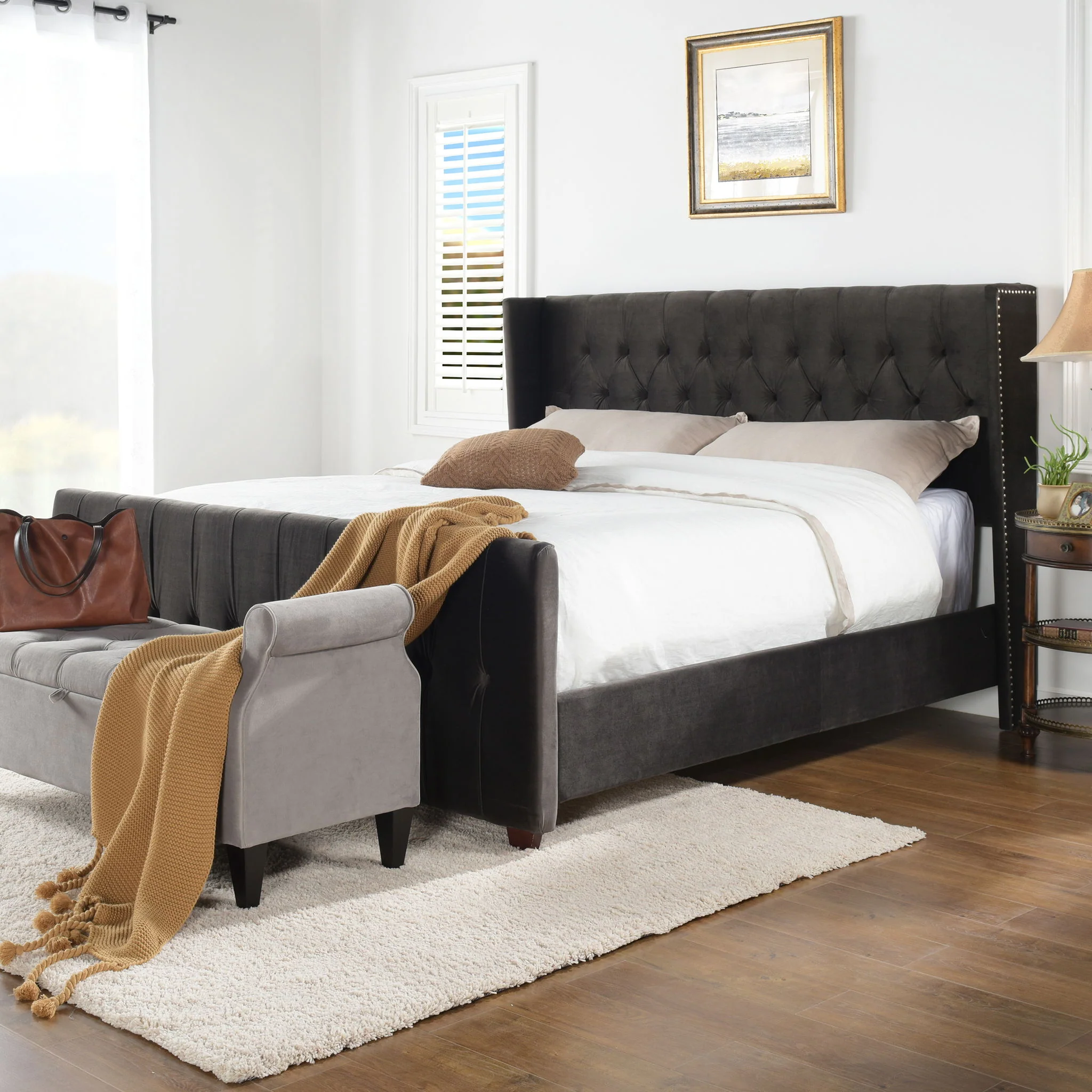 David - King Tufted Wingback Bed - Dark Charcoal Gray - Image 3