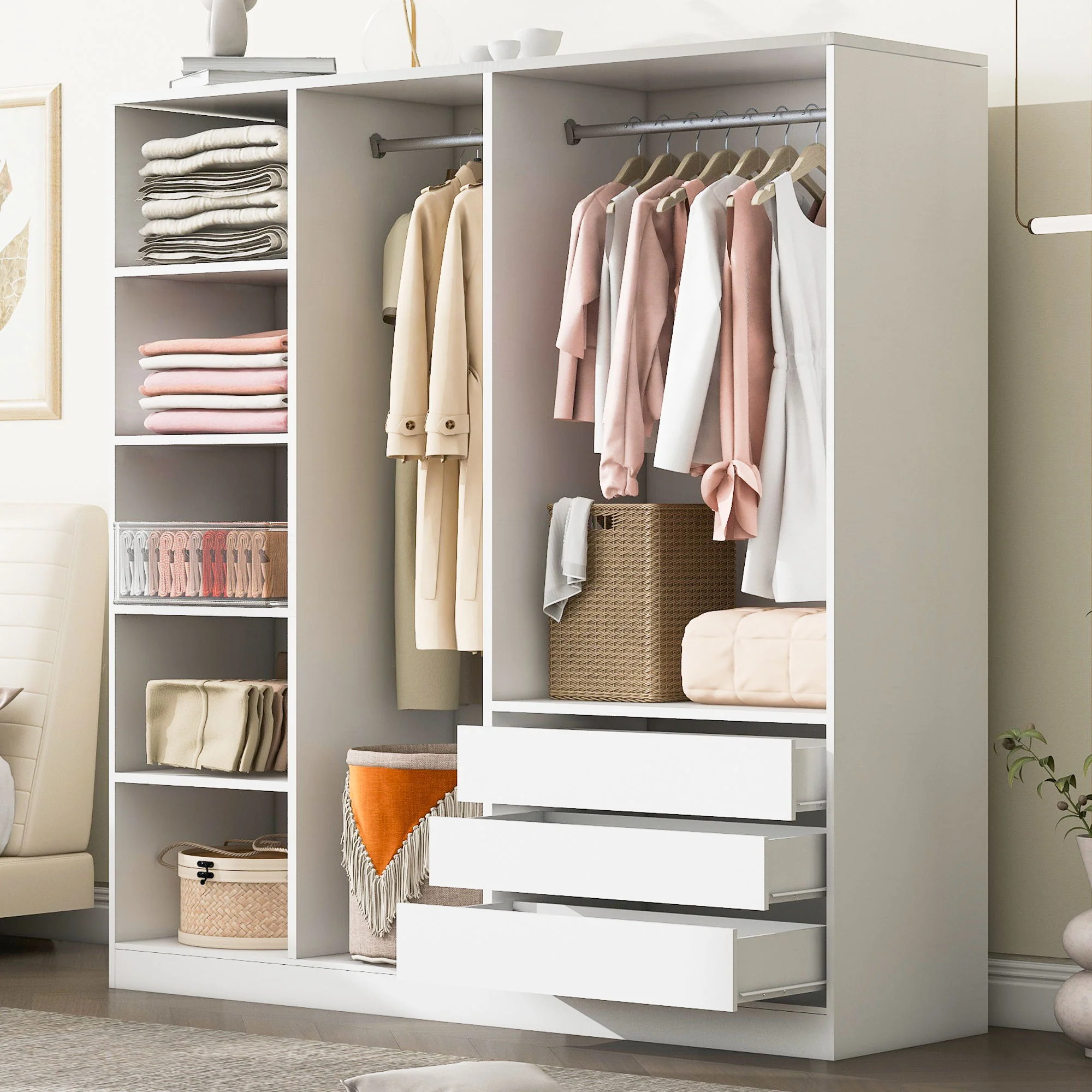 Doorless Storage Wardrobe For Dedroom With Shelves And 3 Drawers - Image 6
