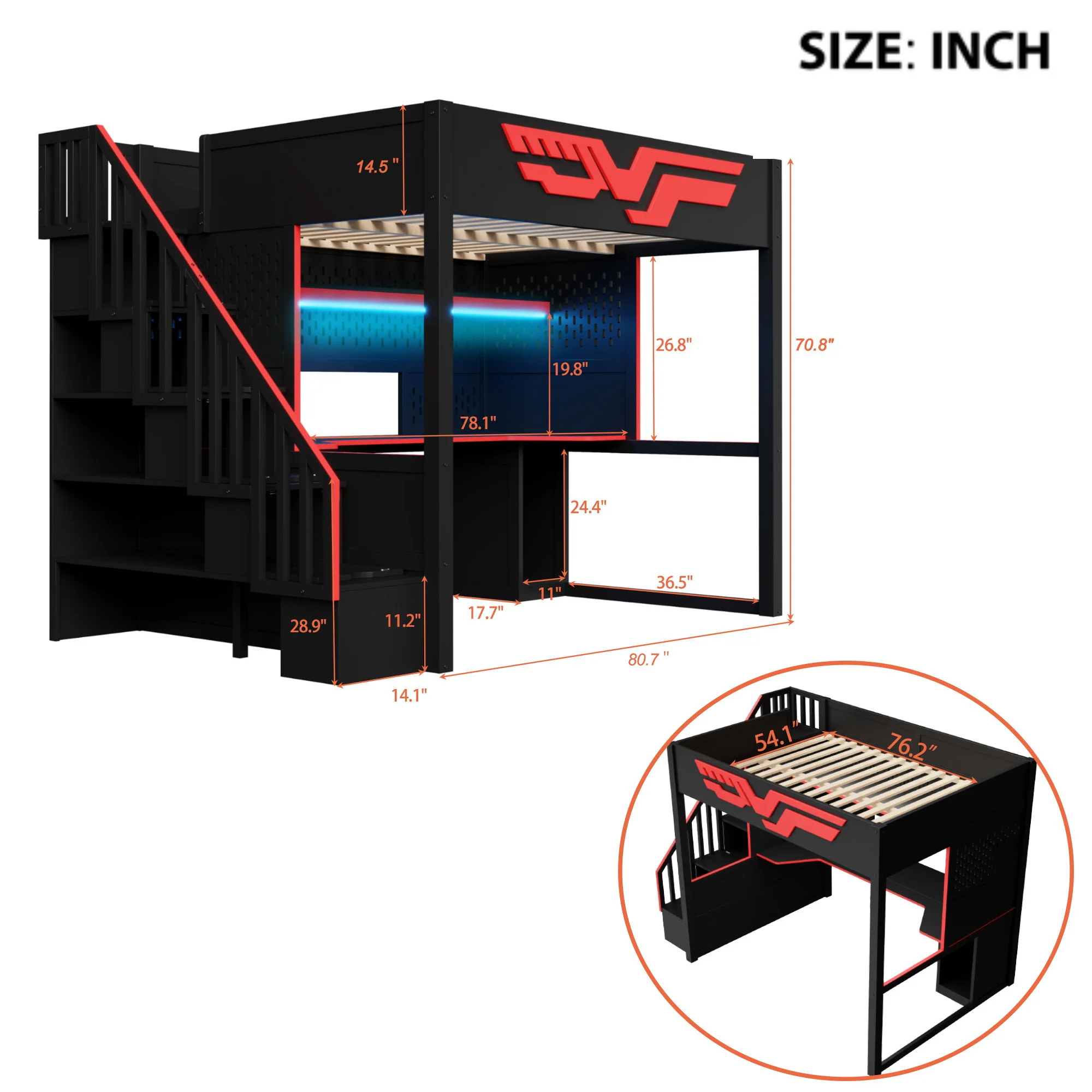 Full Gaming Loft Bed With Desk And Storage Staircase, LED Lights And USB - Red / Black - Image 2