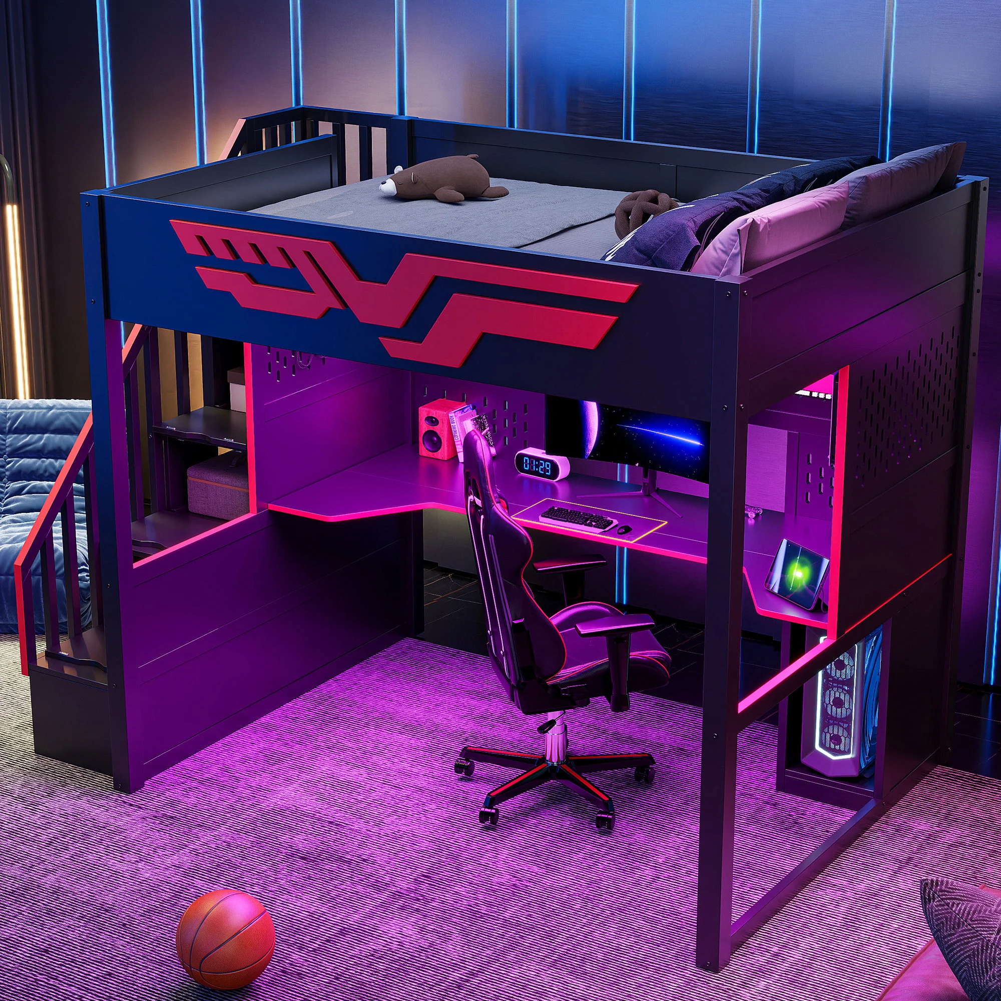 Full Gaming Loft Bed With Desk And Storage Staircase, LED Lights And USB - Red / Black - Image 3