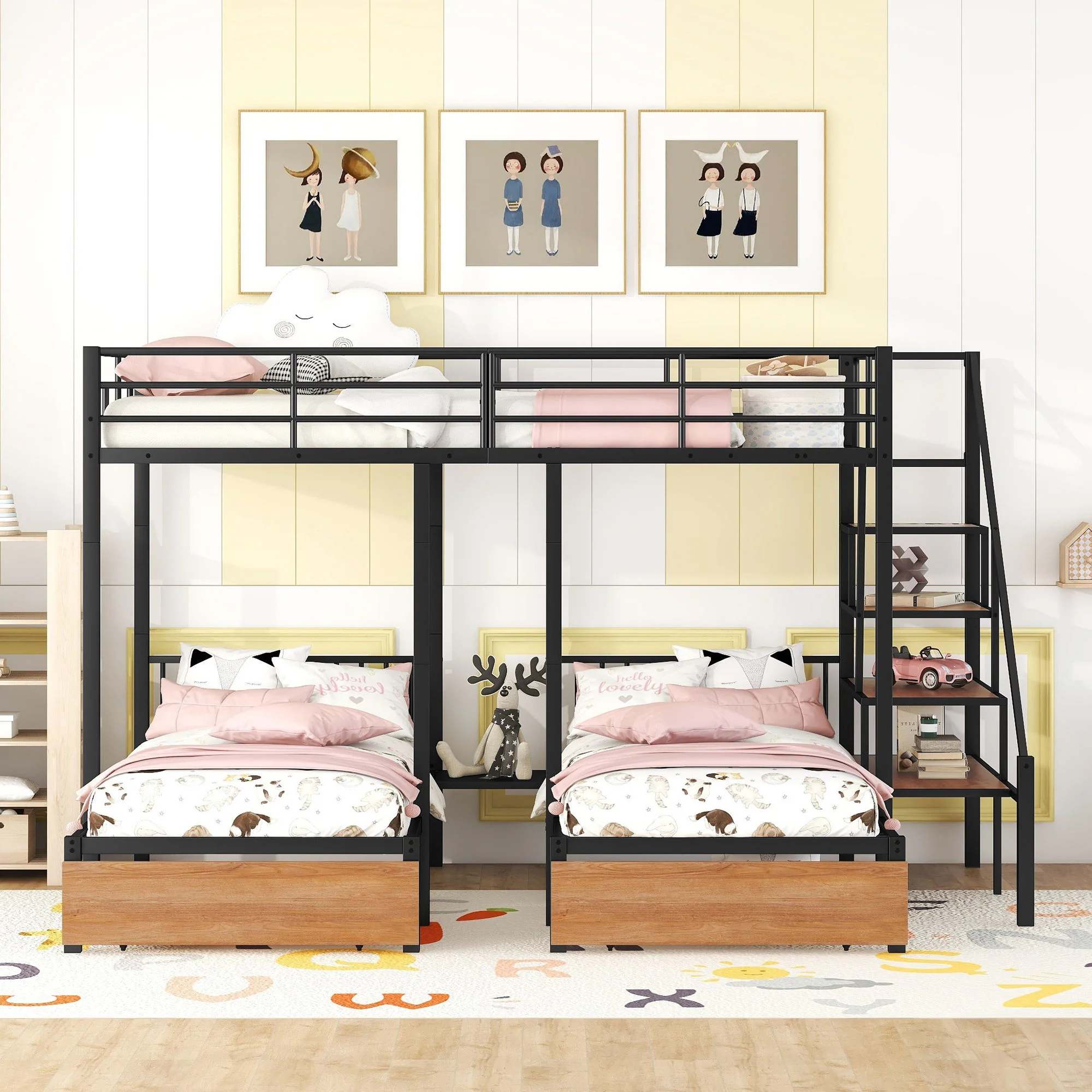 Full Over Twin-Twin Triple Bunk Bed With Drawers And Staircase - Black - Image 3