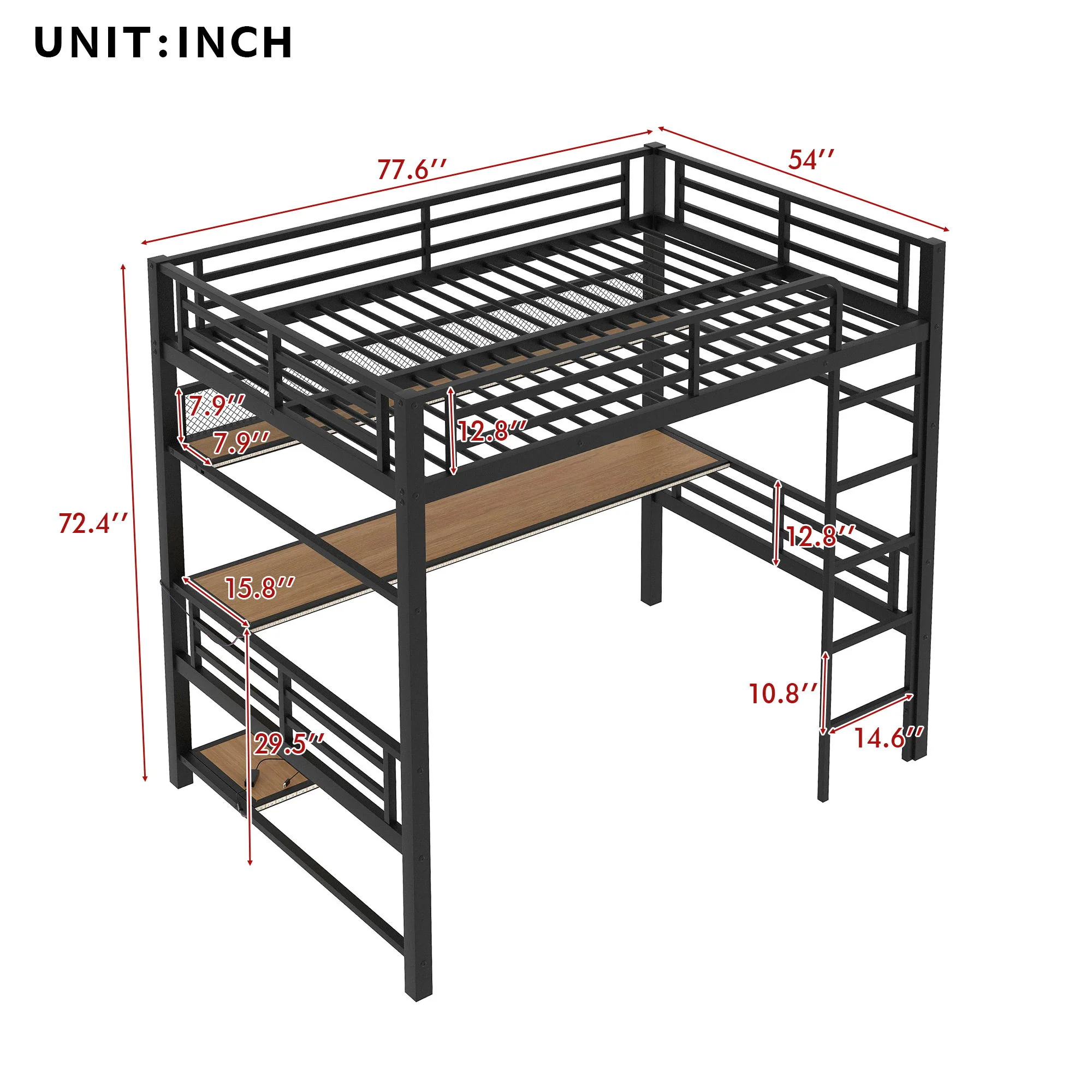 Full Size Loft Bed Frame With Storage Shelf And LED Light - Black - Image 4