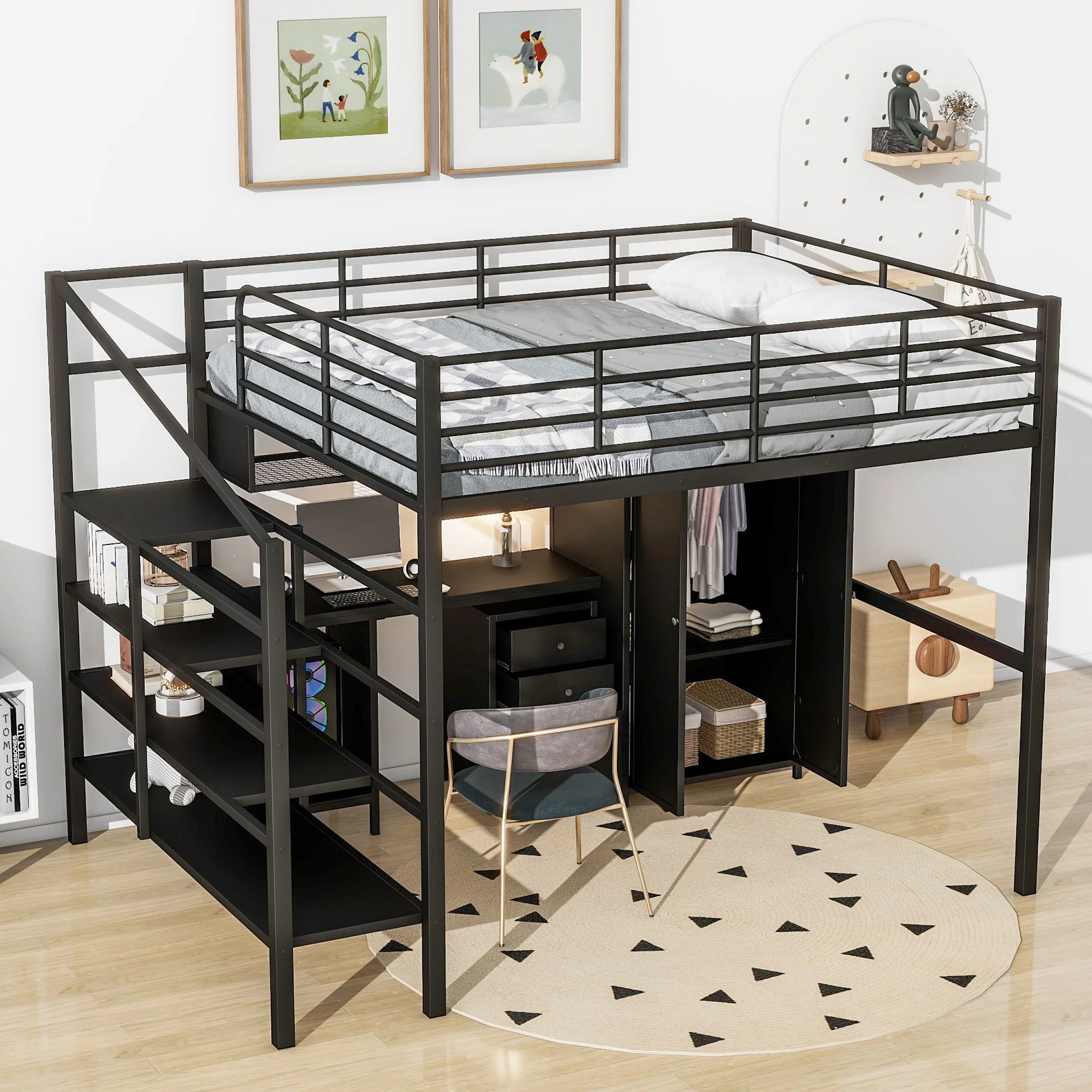 Full Size Loft Bed With Desk Set And Wardrobe - Black - Image 3