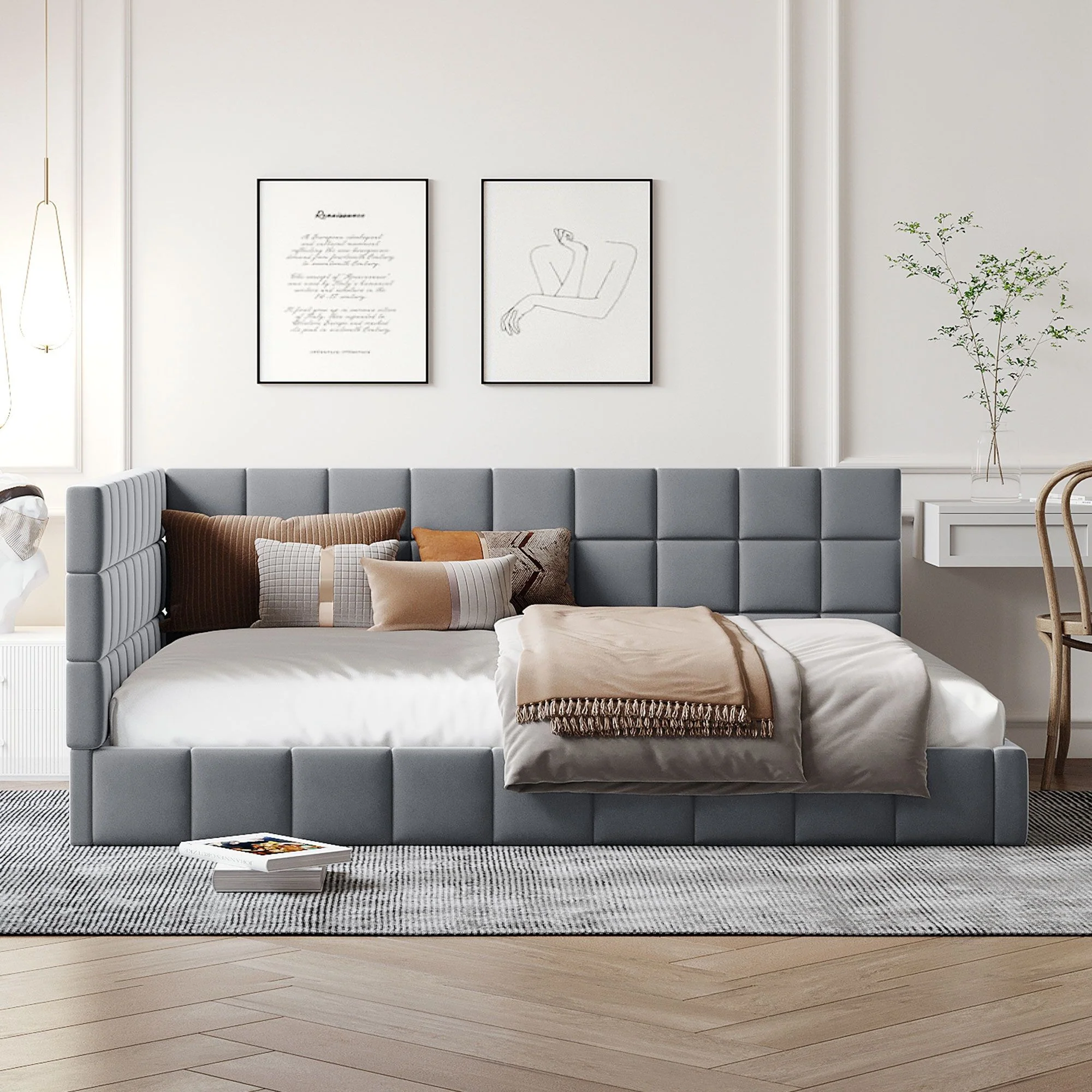 Full Size Upholstered Classic Mid Century Modern Daybed / Sofa Bed Frame, Elegant Design - Gray - Image 2