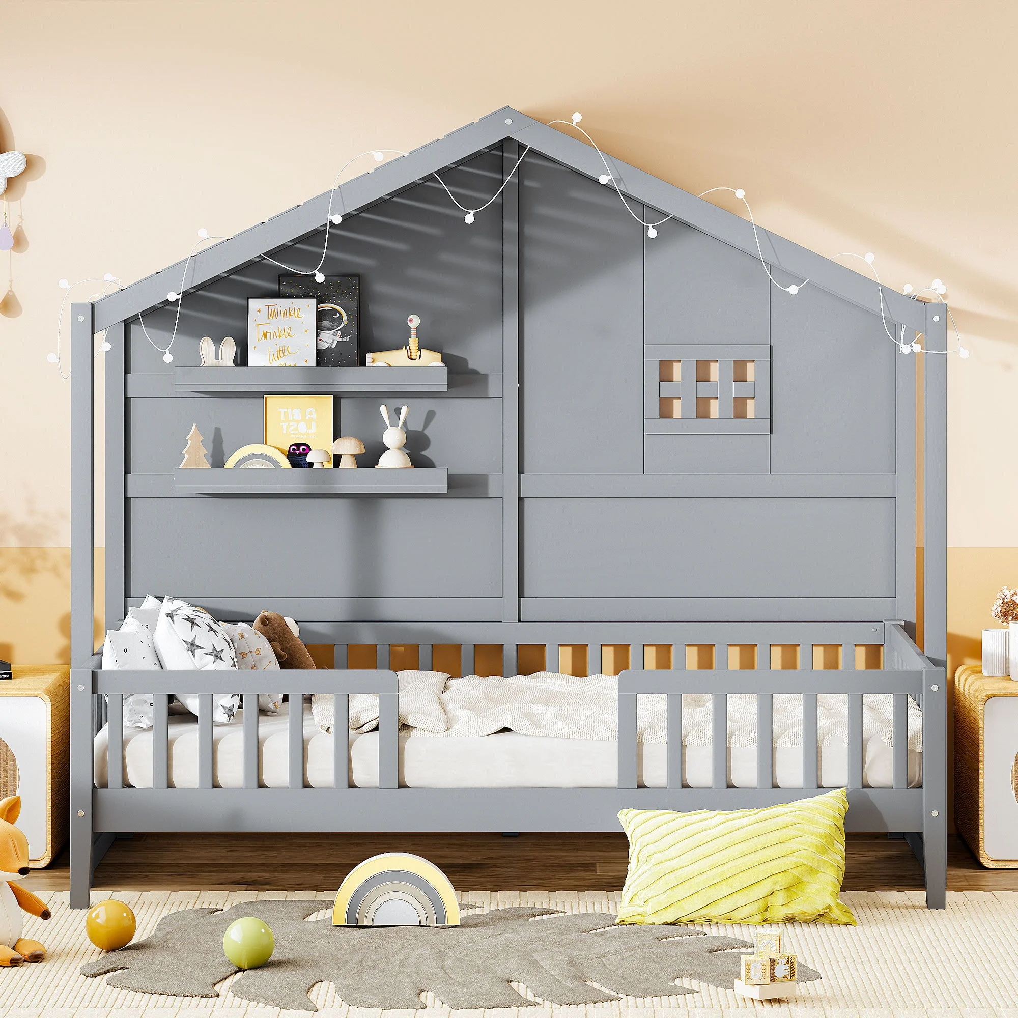 House Bed With Shelves, Window And Sparkling Light Strip On The Roof - Image 7