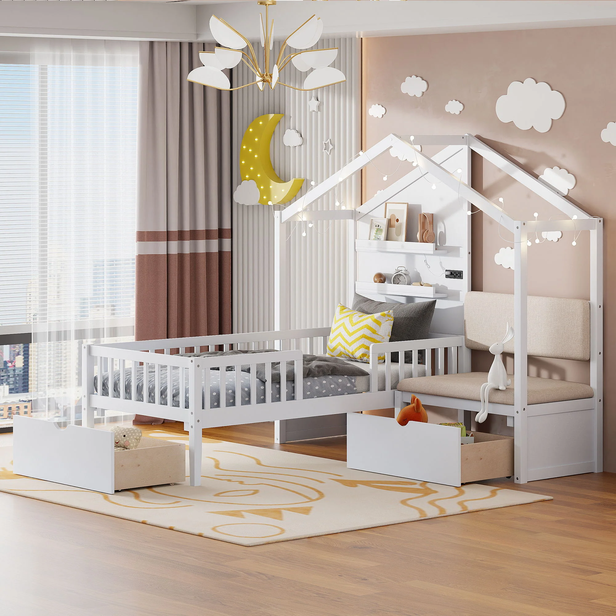 House Bed With Upholstered Sofa, Wireless Charging Station, Shelves And 2 Drawers - Image 2
