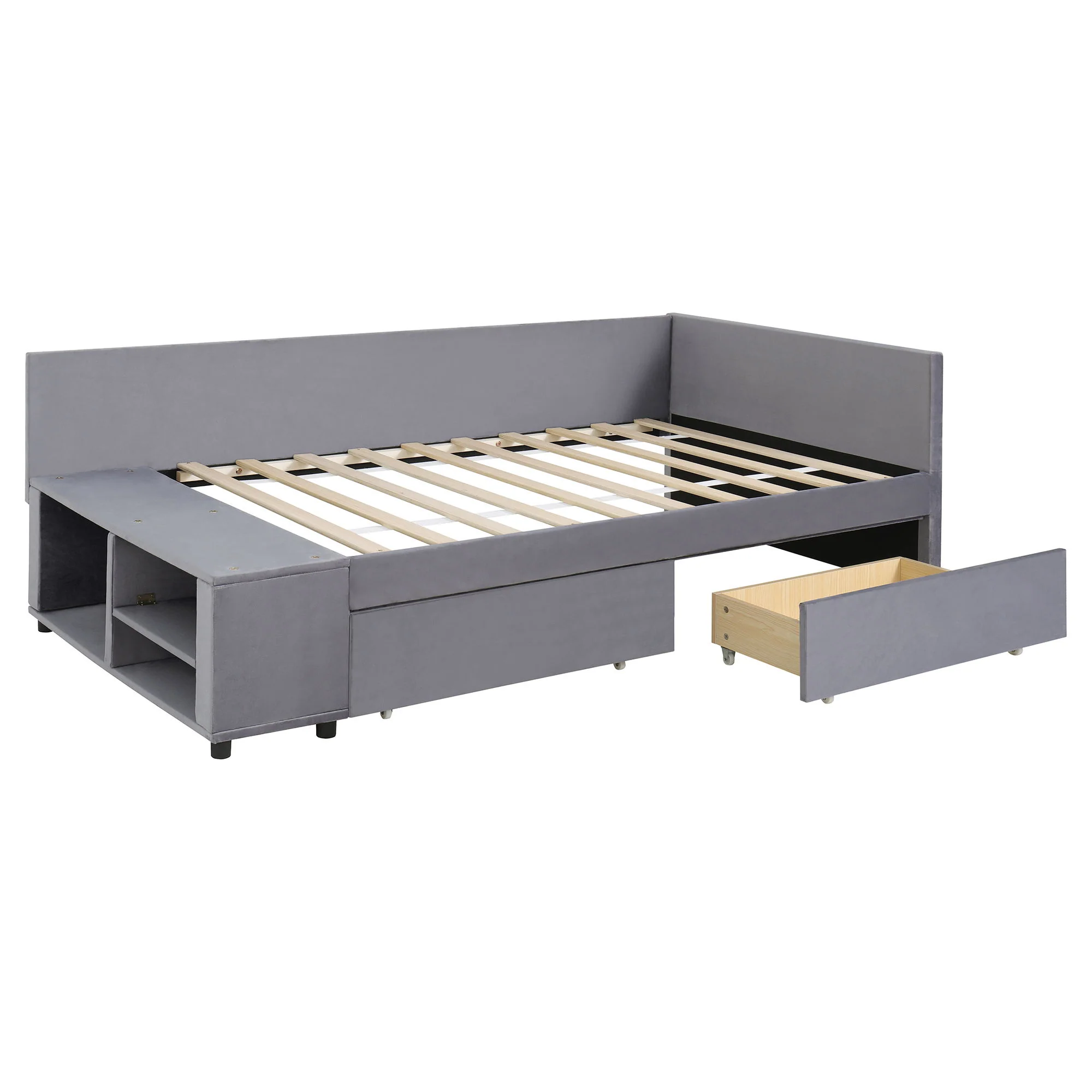 L Shaped Upholstered Platform Bed With Storage And Drawers - Image 2