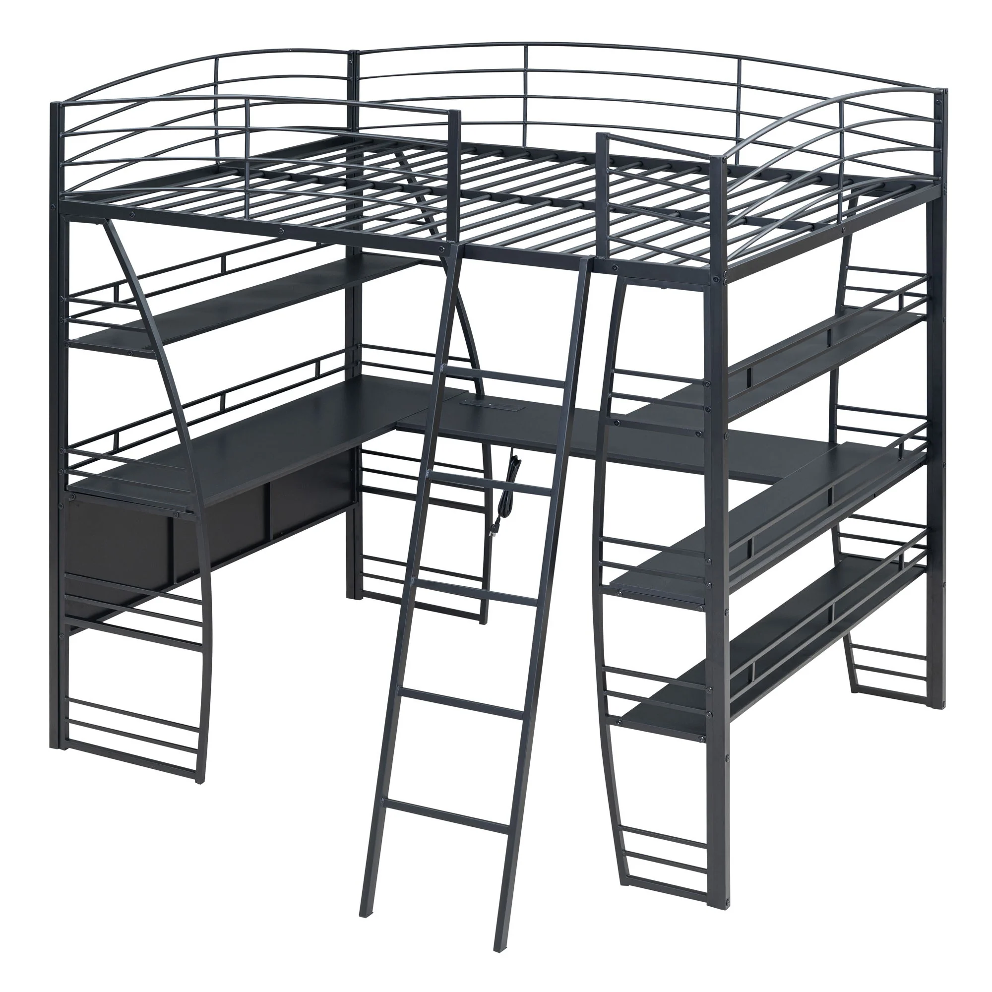 Loft Bed With 4 Layers Of Shelves And L-Shaped Desk, Stylish Metal Frame Bed With A Set Of Sockets, USB Ports And And Wireless Charging - Image 10
