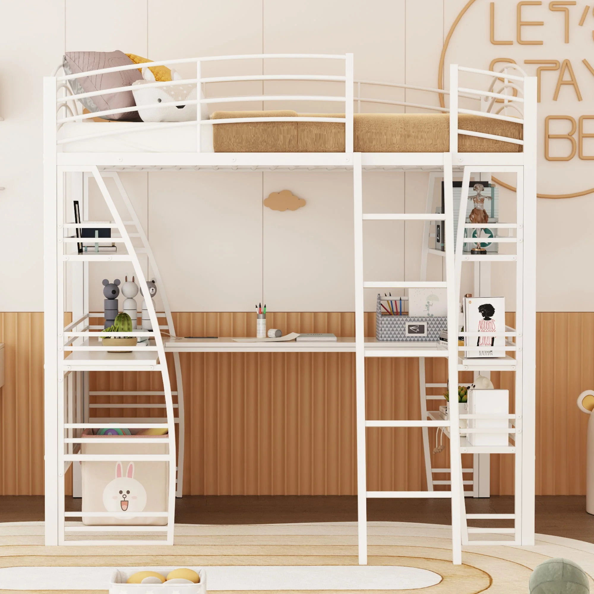 Loft Bed With 4 Layers Of Shelves And L-Shaped Desk, Stylish Metal Frame Bed With A Set Of Sockets, USB Ports And And Wireless Charging - Image 12