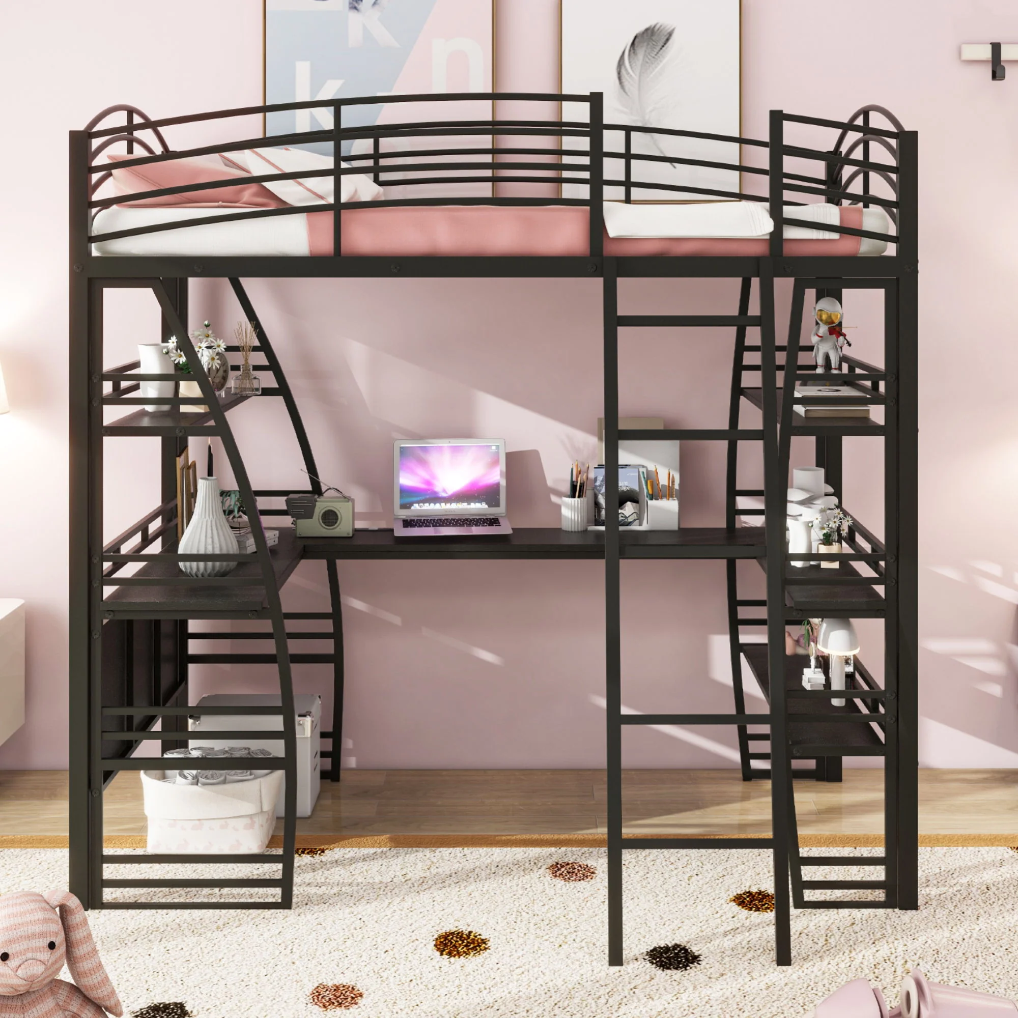 Loft Bed With 4 Layers Of Shelves And L-Shaped Desk, Stylish Metal Frame Bed With A Set Of Sockets, USB Ports And And Wireless Charging - Image 6