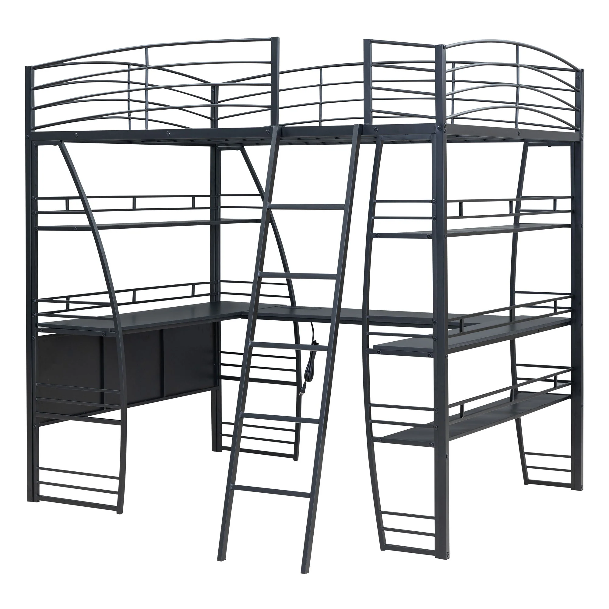 Loft Bed With 4 Layers Of Shelves And L-Shaped Desk, Stylish Metal Frame Bed With A Set Of Sockets, USB Ports And And Wireless Charging - Image 7