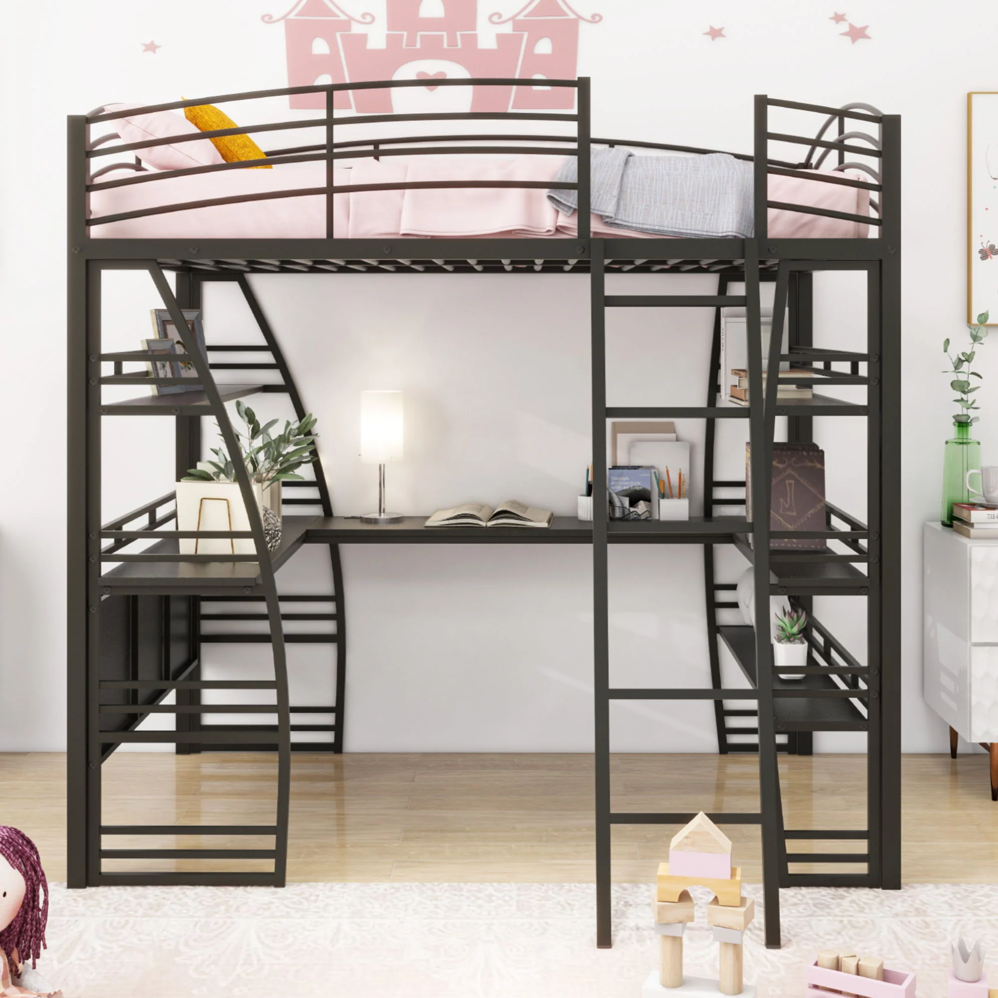 Loft Bed With 4 Layers Of Shelves And L-Shaped Desk, Stylish Metal Frame Bed With A Set Of Sockets, USB Ports And And Wireless Charging - Image 8
