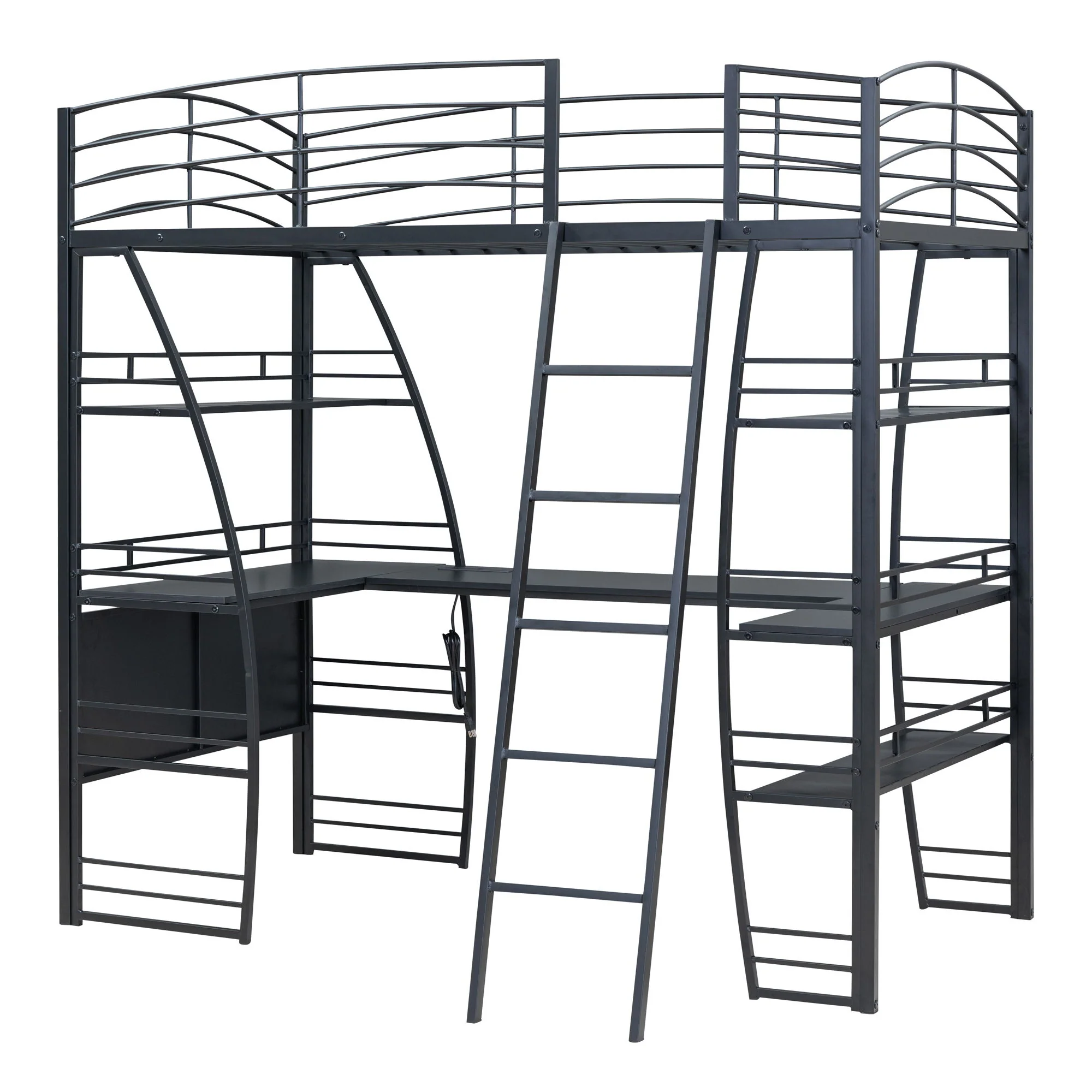 Loft Bed With 4 Layers Of Shelves And L-Shaped Desk, Stylish Metal Frame Bed With A Set Of Sockets, USB Ports And And Wireless Charging - Image 9