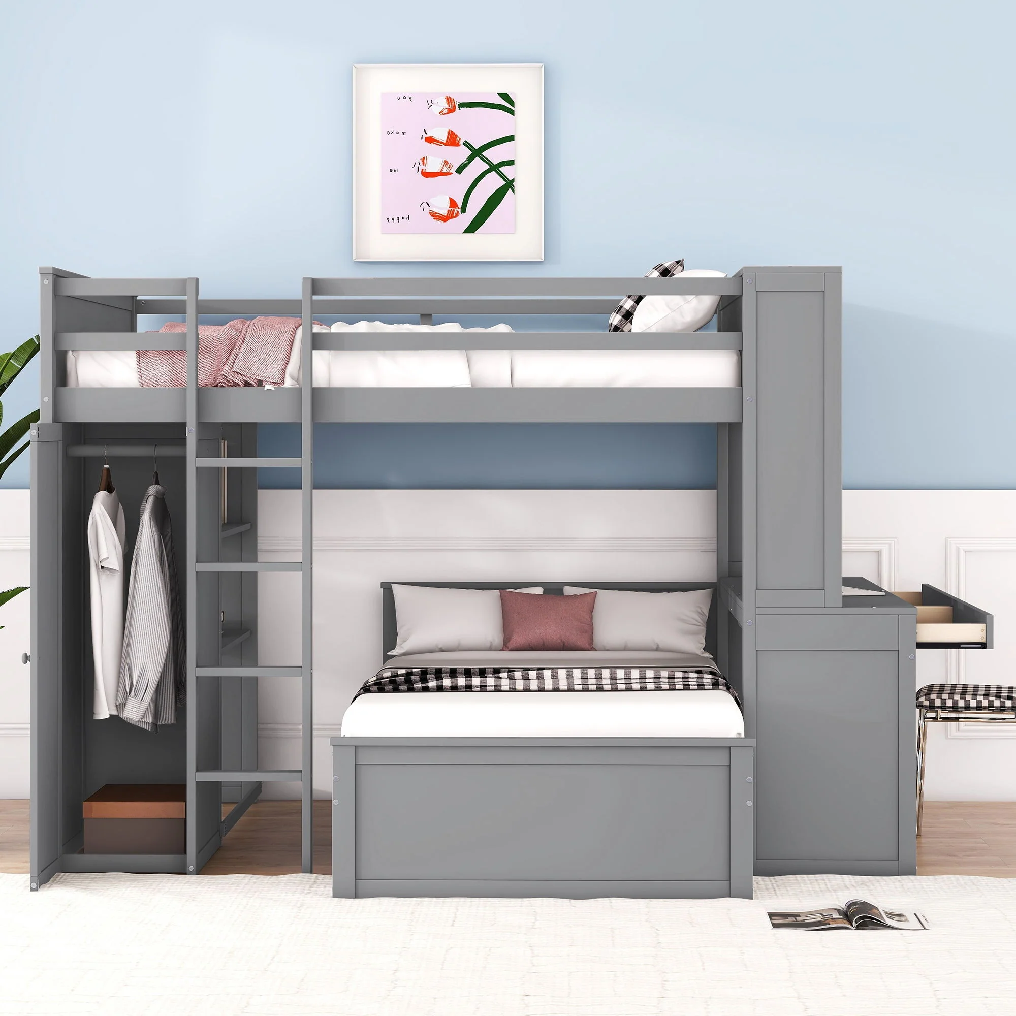 Loft Bed With A Twin Size Standalone Bed, Shelves, Desk, And Wardrobe - Image 11