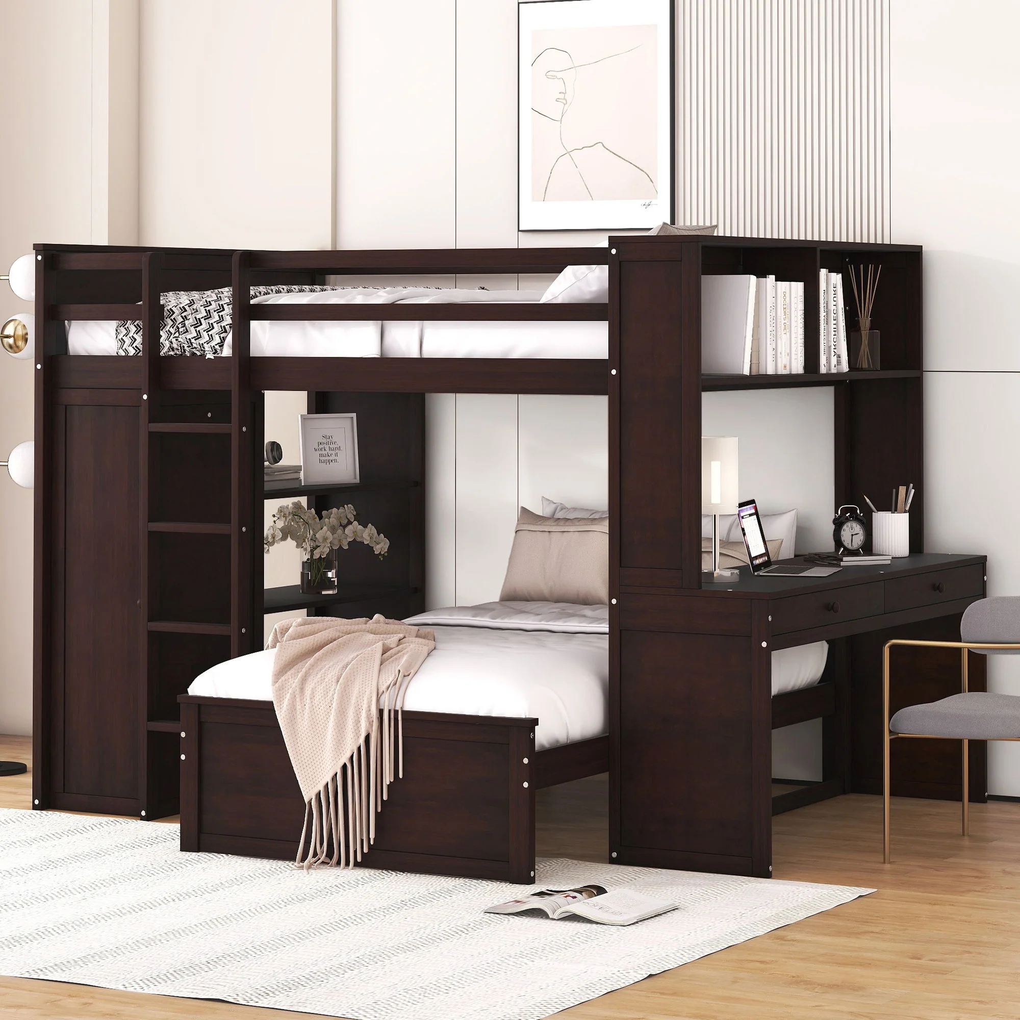Loft Bed With A Twin Size Standalone Bed, Shelves, Desk, And Wardrobe - Image 2