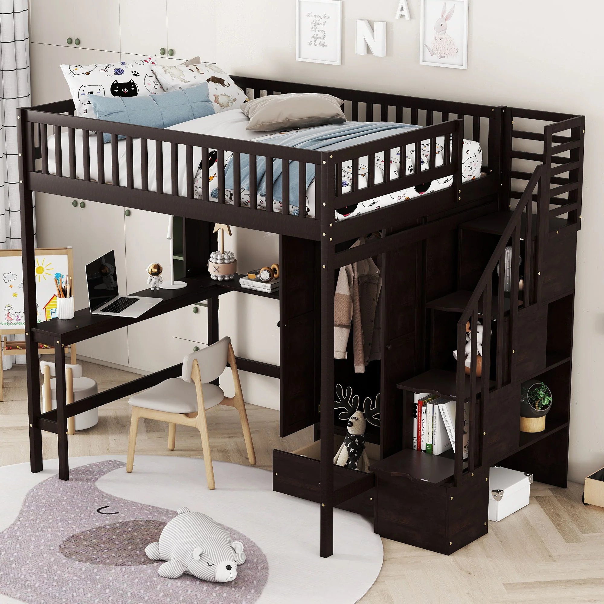 Loft Bed With Bookshelf, Drawers, Desk, And Wardrobe - Image 10