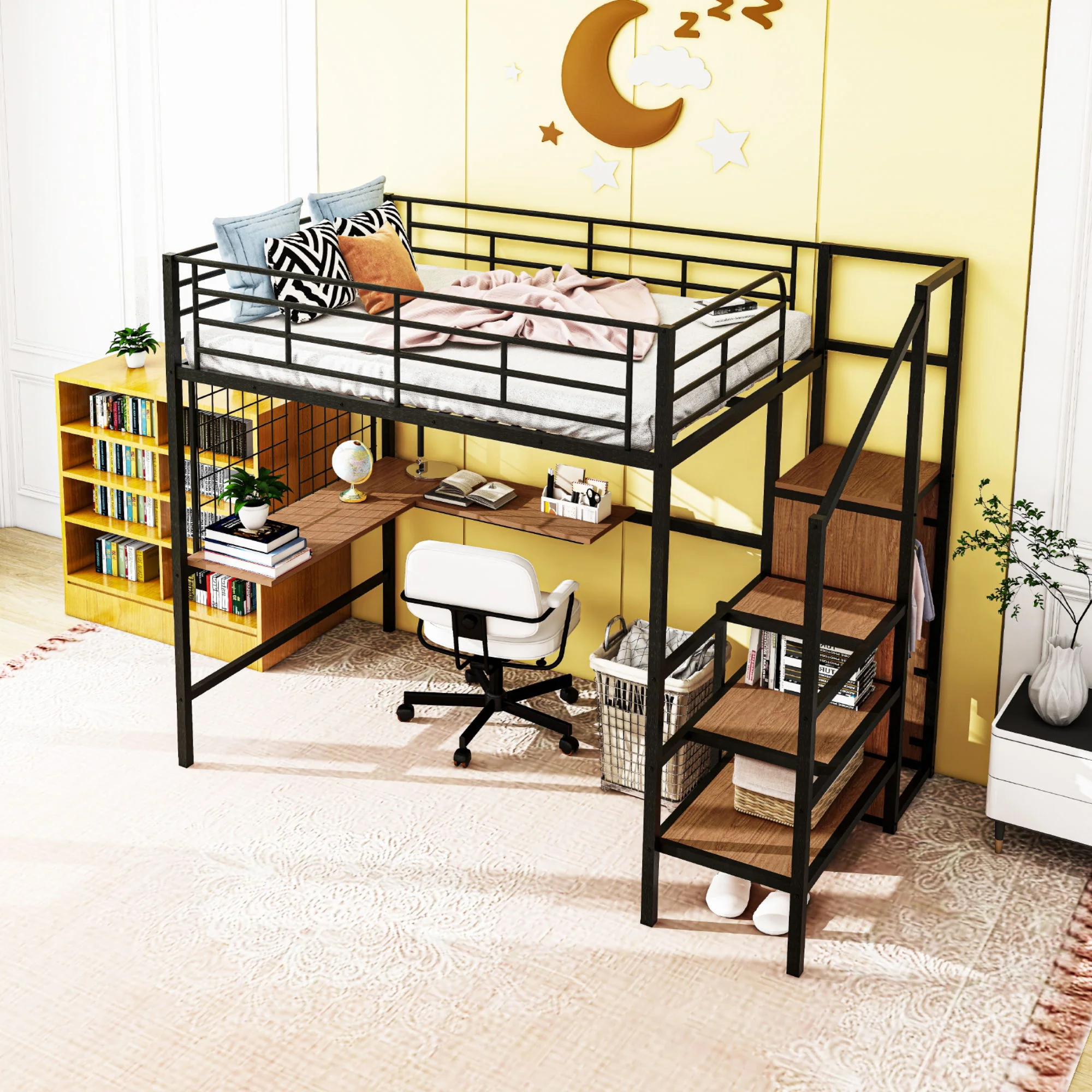 Loft Bed With Desk And Grid, Stylish Frame With Lateral Storage Ladder And Wardrobe - Image 13