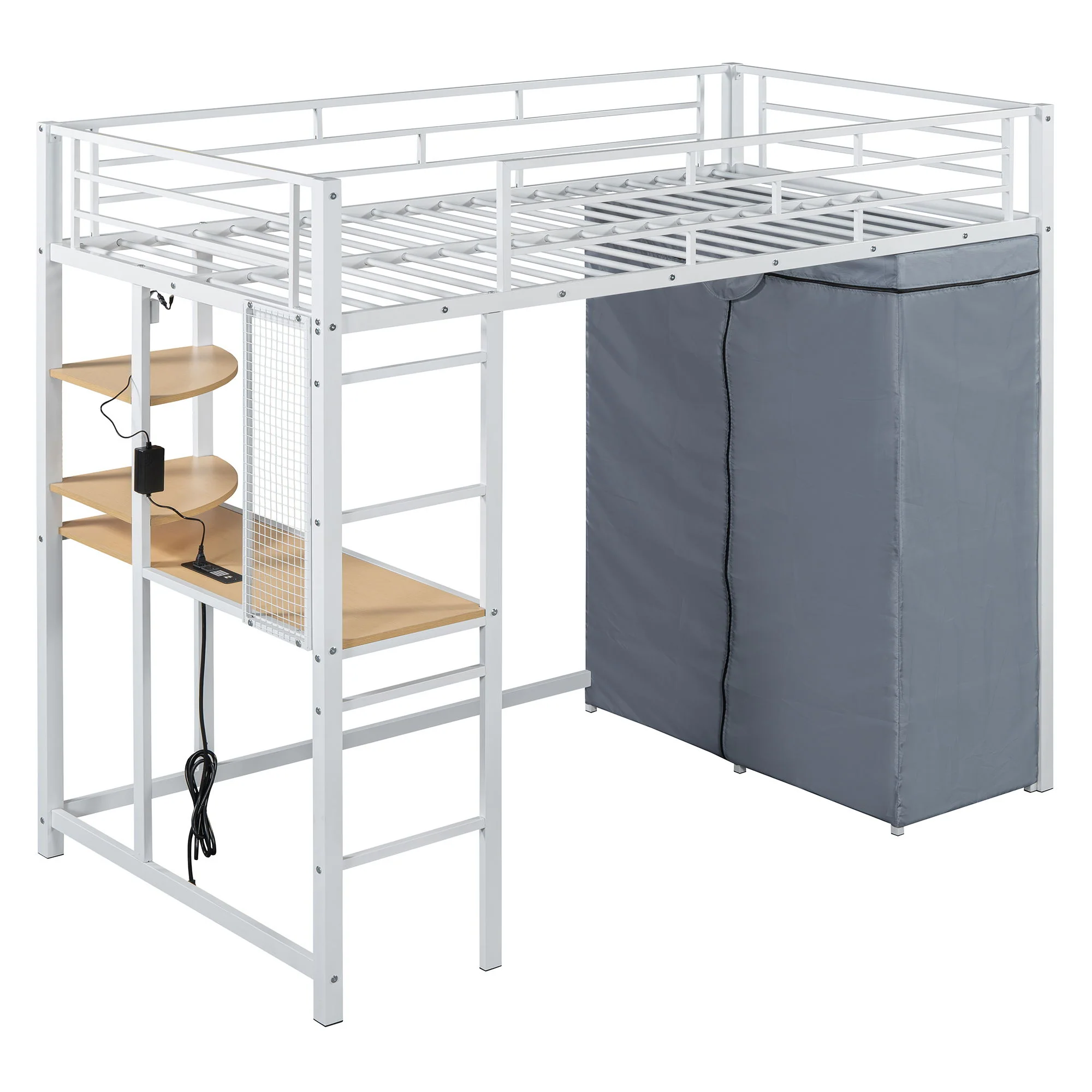 Loft Bed With Desk, Shelves, Power Outlet, LED Light And Wardrobe - Image 13