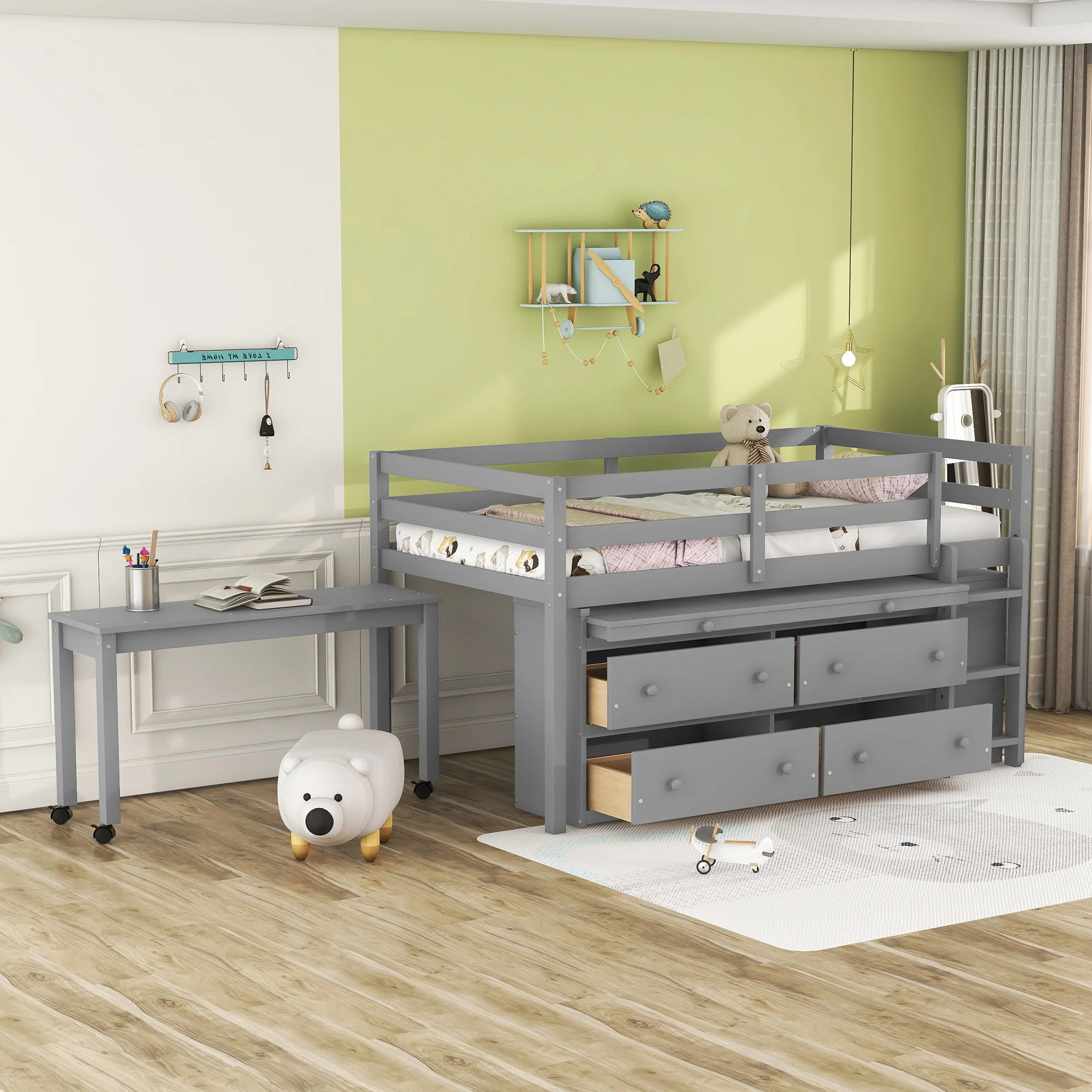 Loft Bed With Retractable Writing Desk And 4 Drawers, With Lateral Portable Desk And Shelves