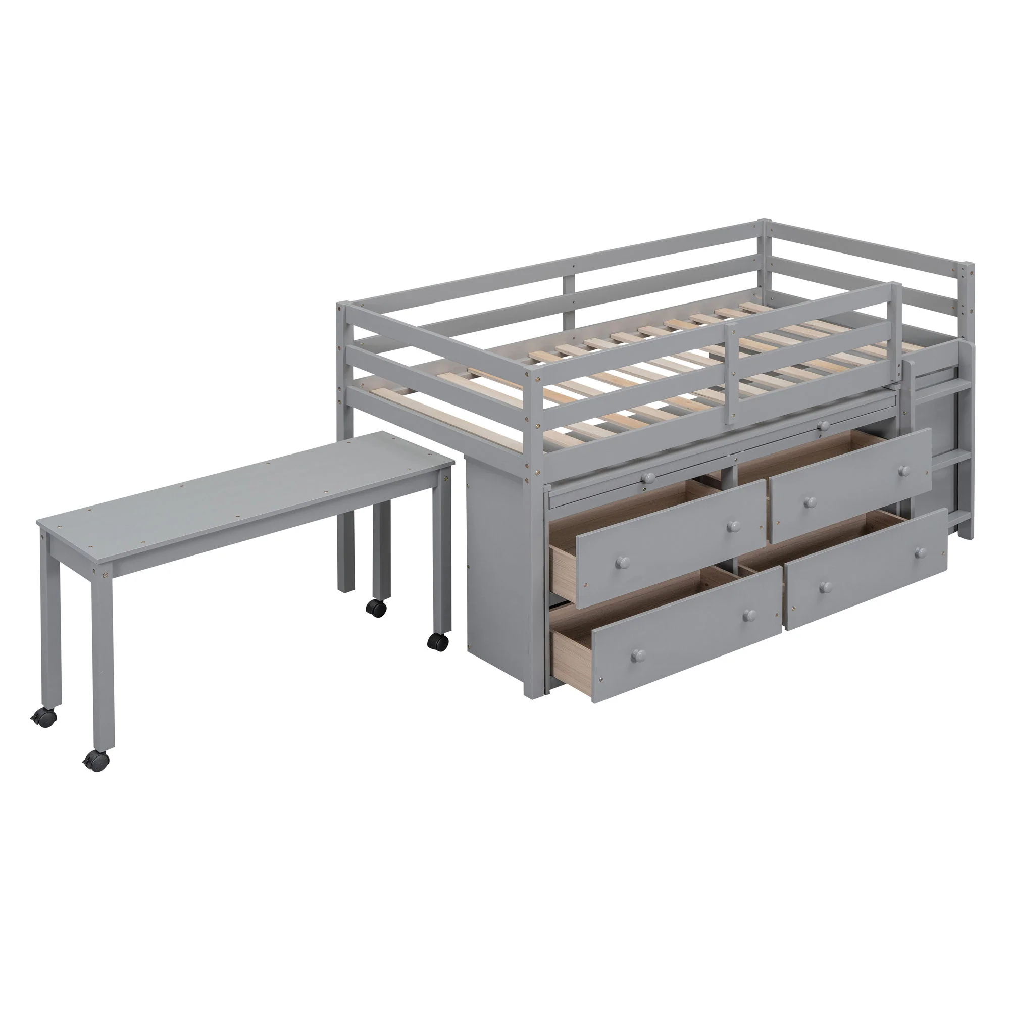 Loft Bed With Retractable Writing Desk And 4 Drawers, With Lateral Portable Desk And Shelves - Image 14
