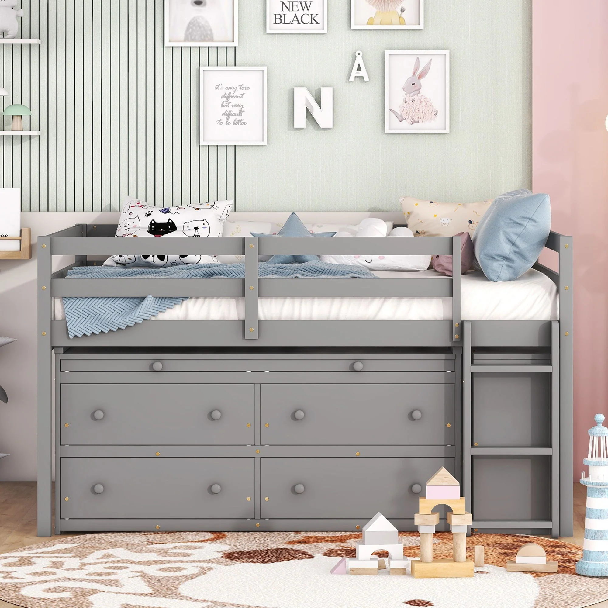 Loft Bed With Retractable Writing Desk And 4 Drawers, With Lateral Portable Desk And Shelves - Image 5