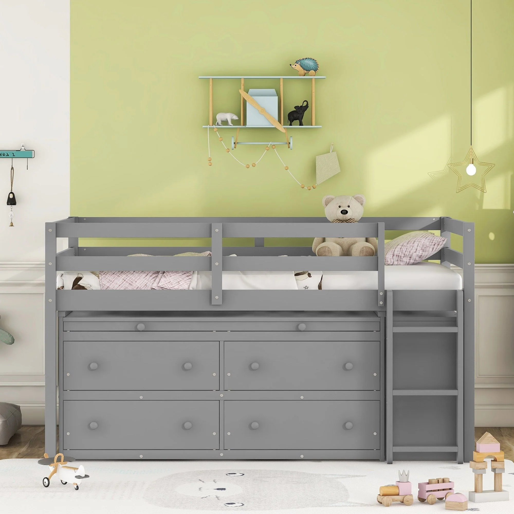 Loft Bed With Retractable Writing Desk And 4 Drawers, With Lateral Portable Desk And Shelves - Image 6