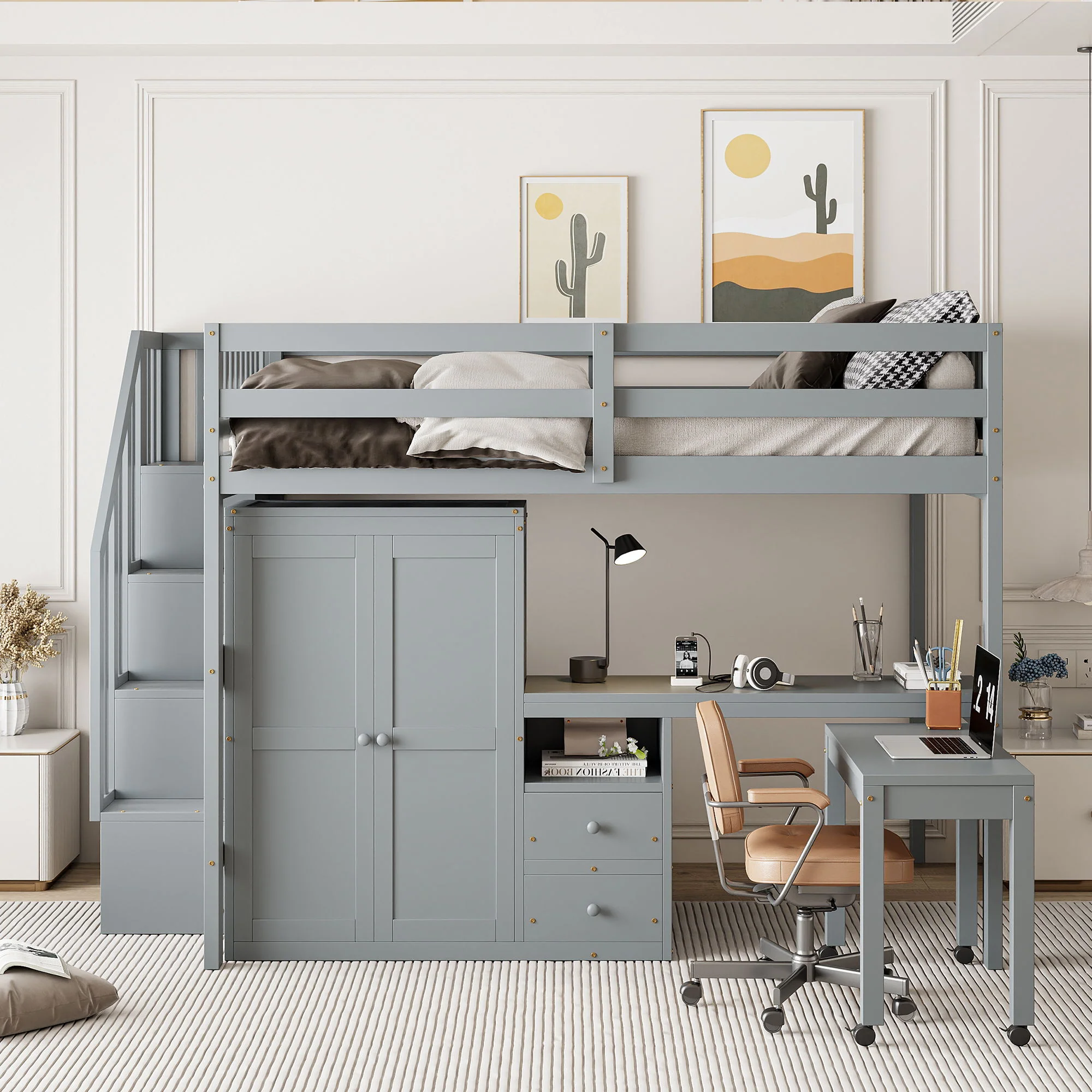Loft Bed With Stairs, Bookshelf, Drawers, Desk & Wardrobe, Space Saving Multifunctional Furniture - Image 14