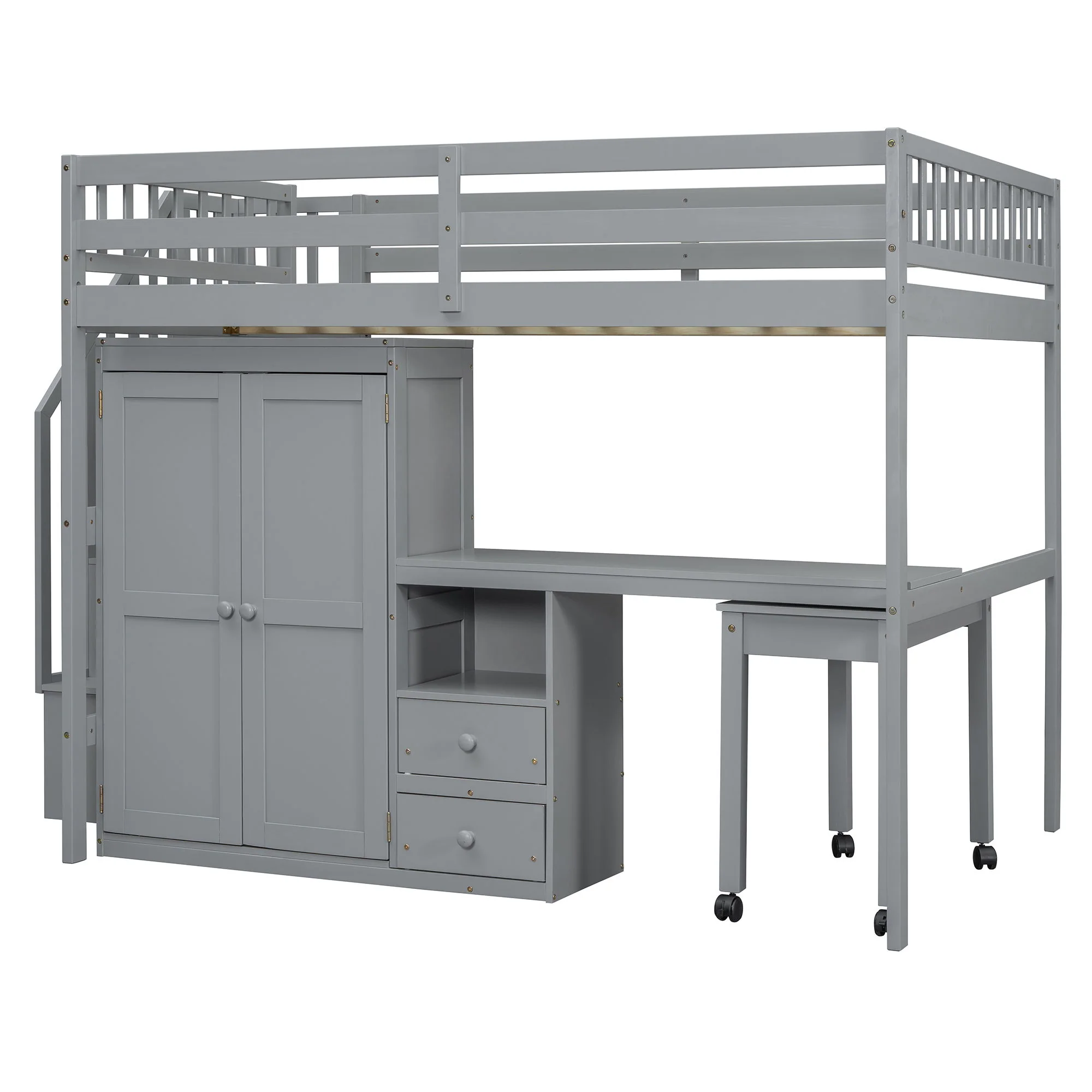Loft Bed With Stairs, Bookshelf, Drawers, Desk & Wardrobe, Space Saving Multifunctional Furniture - Image 17