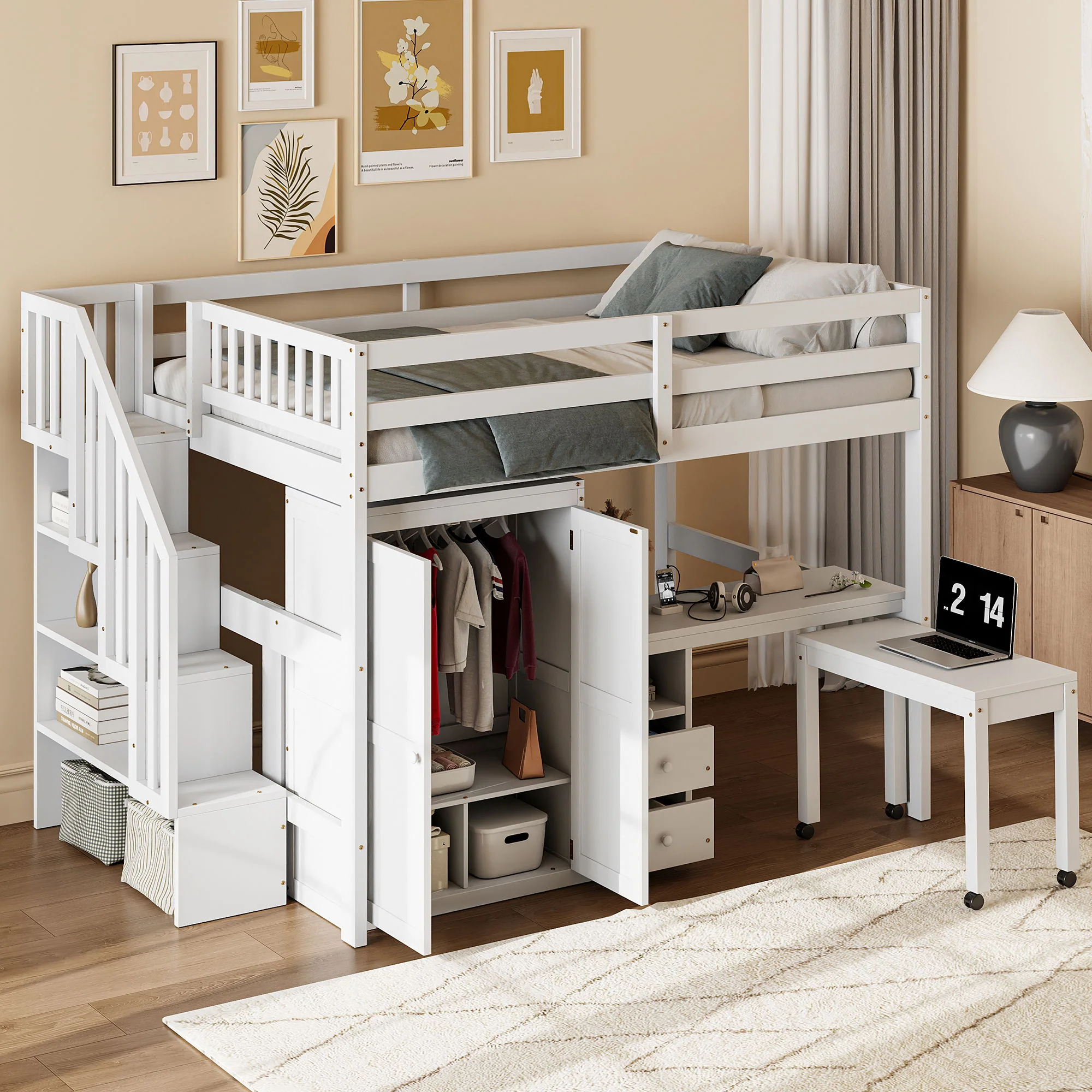 Loft Bed With Stairs, Bookshelf, Drawers, Desk & Wardrobe, Space Saving Multifunctional Furniture - Image 19