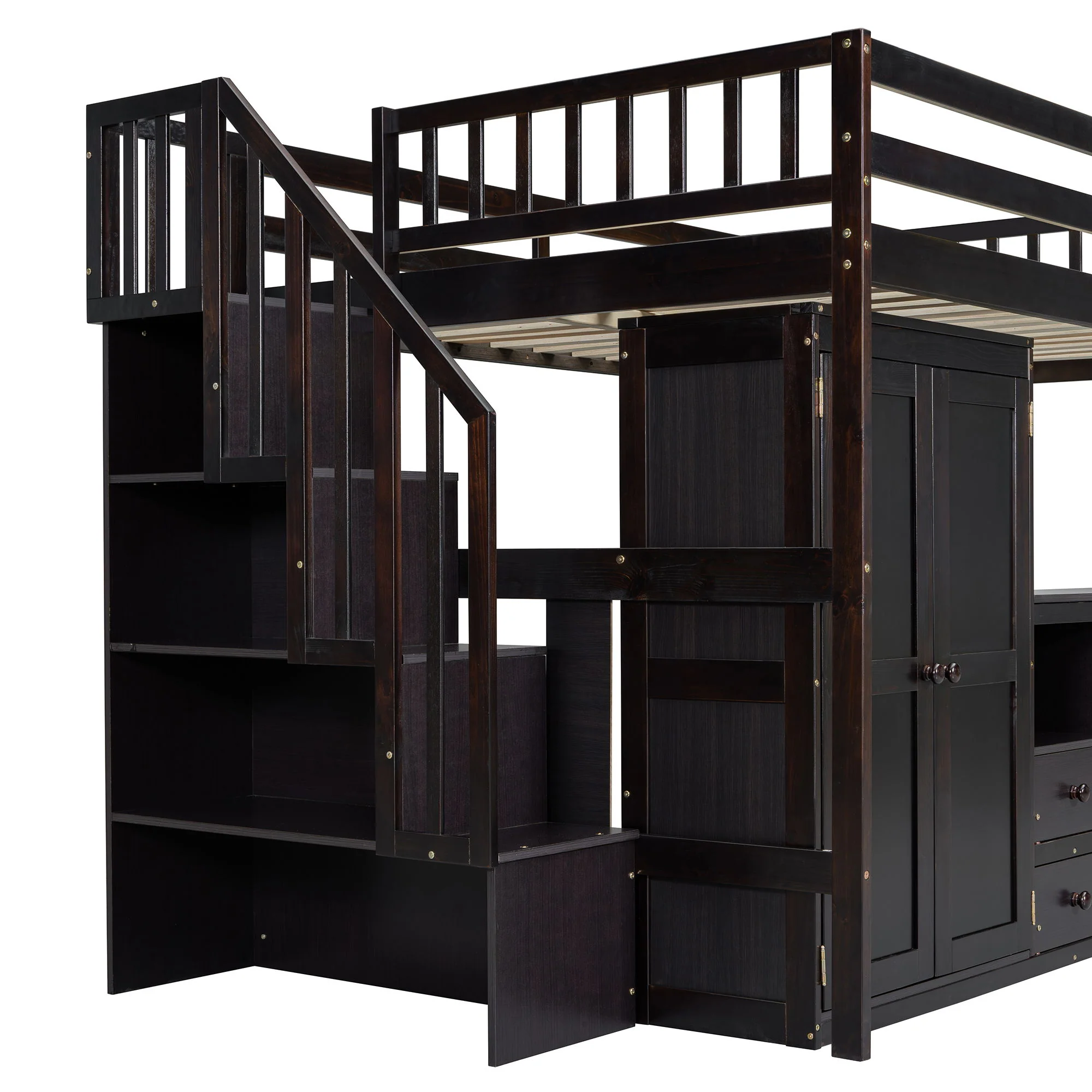 Loft Bed With Stairs, Bookshelf, Drawers, Desk & Wardrobe, Space Saving Multifunctional Furniture - Image 21