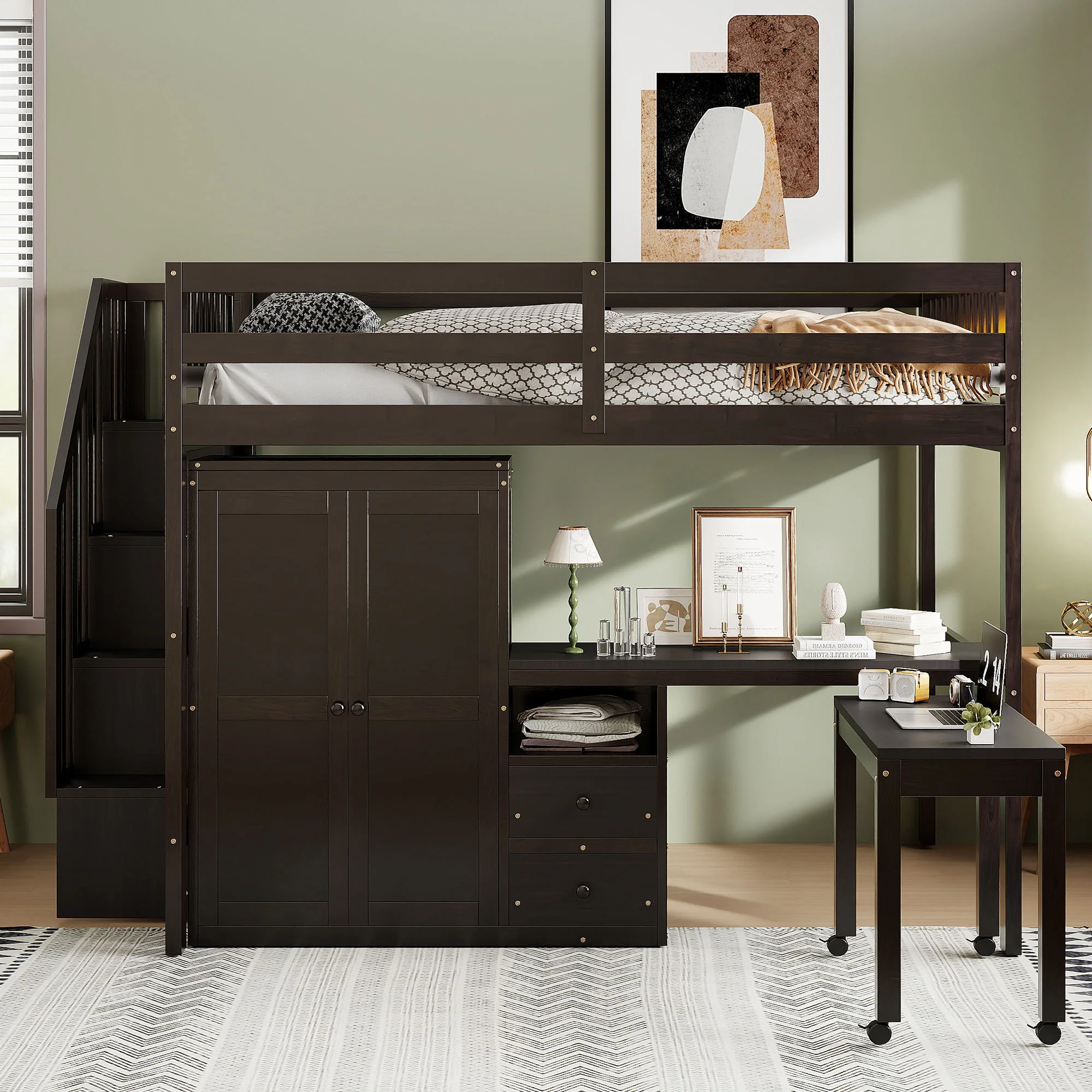 Loft Bed With Stairs, Bookshelf, Drawers, Desk & Wardrobe, Space Saving Multifunctional Furniture - Image 23