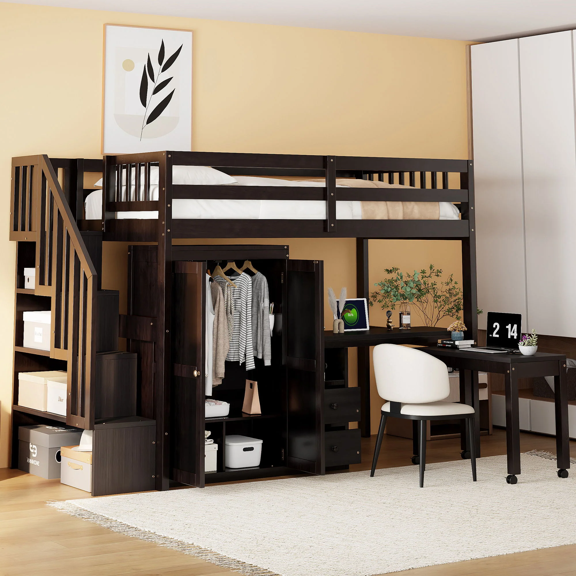 Loft Bed With Stairs, Bookshelf, Drawers, Desk & Wardrobe, Space Saving Multifunctional Furniture - Image 5