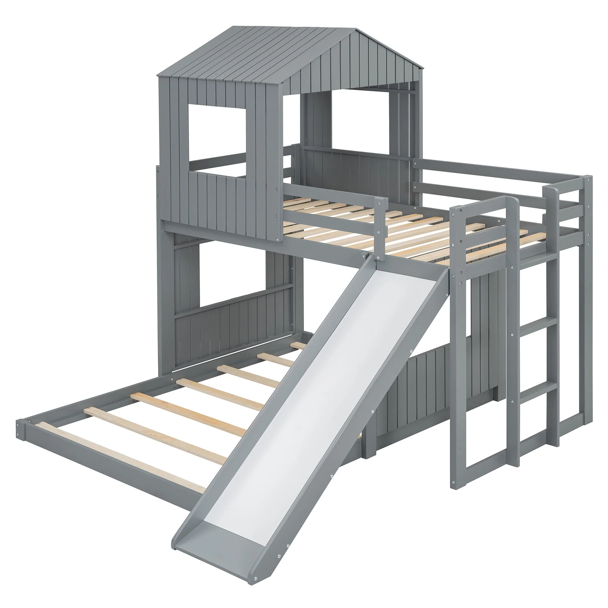 Loft Bunk Bed With Playhouse, Farmhouse, Ladder, Slide And Guardrails - Image 9