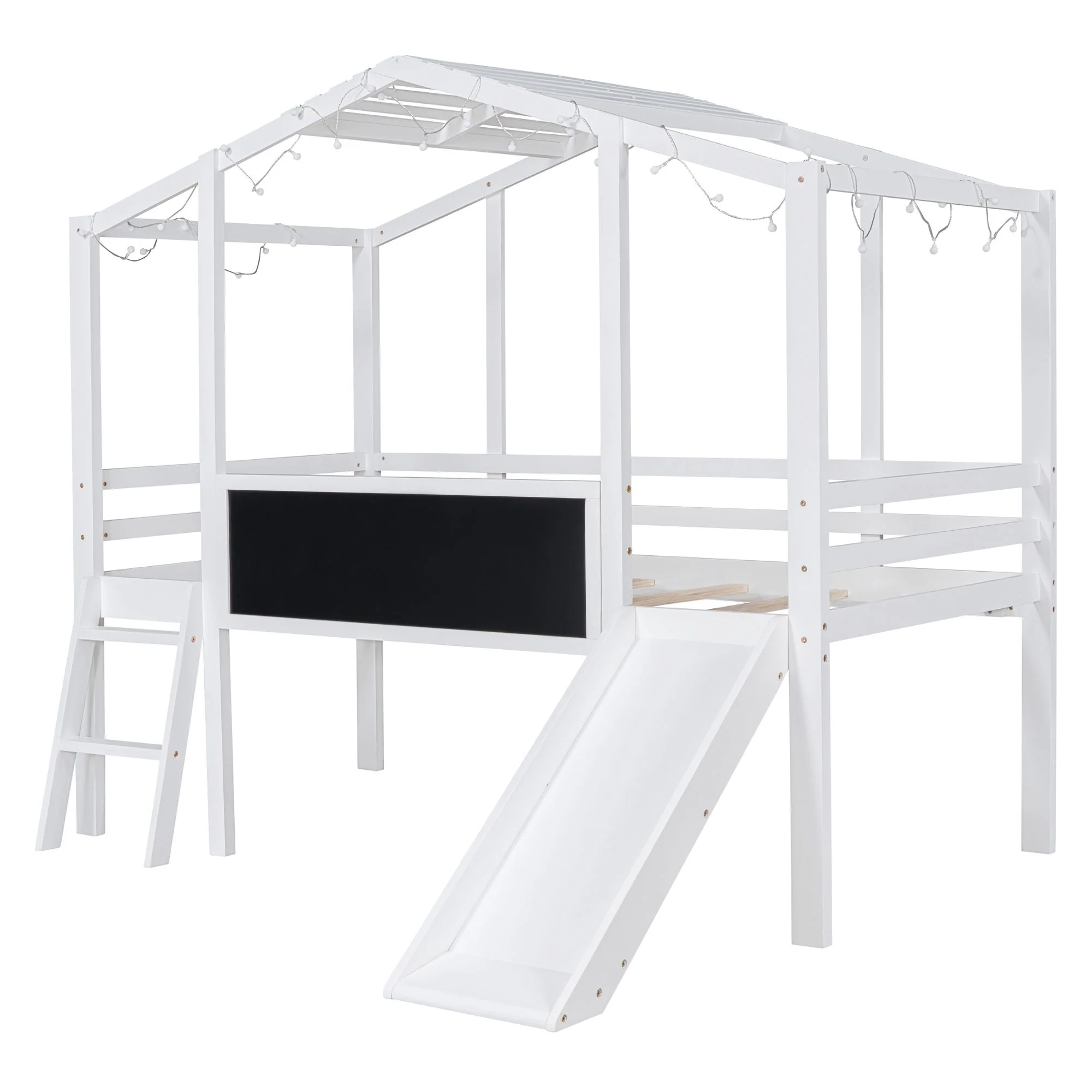 Loft House Bed With Ladder And Slide, With board And Light Strip On The Roof - Image 8