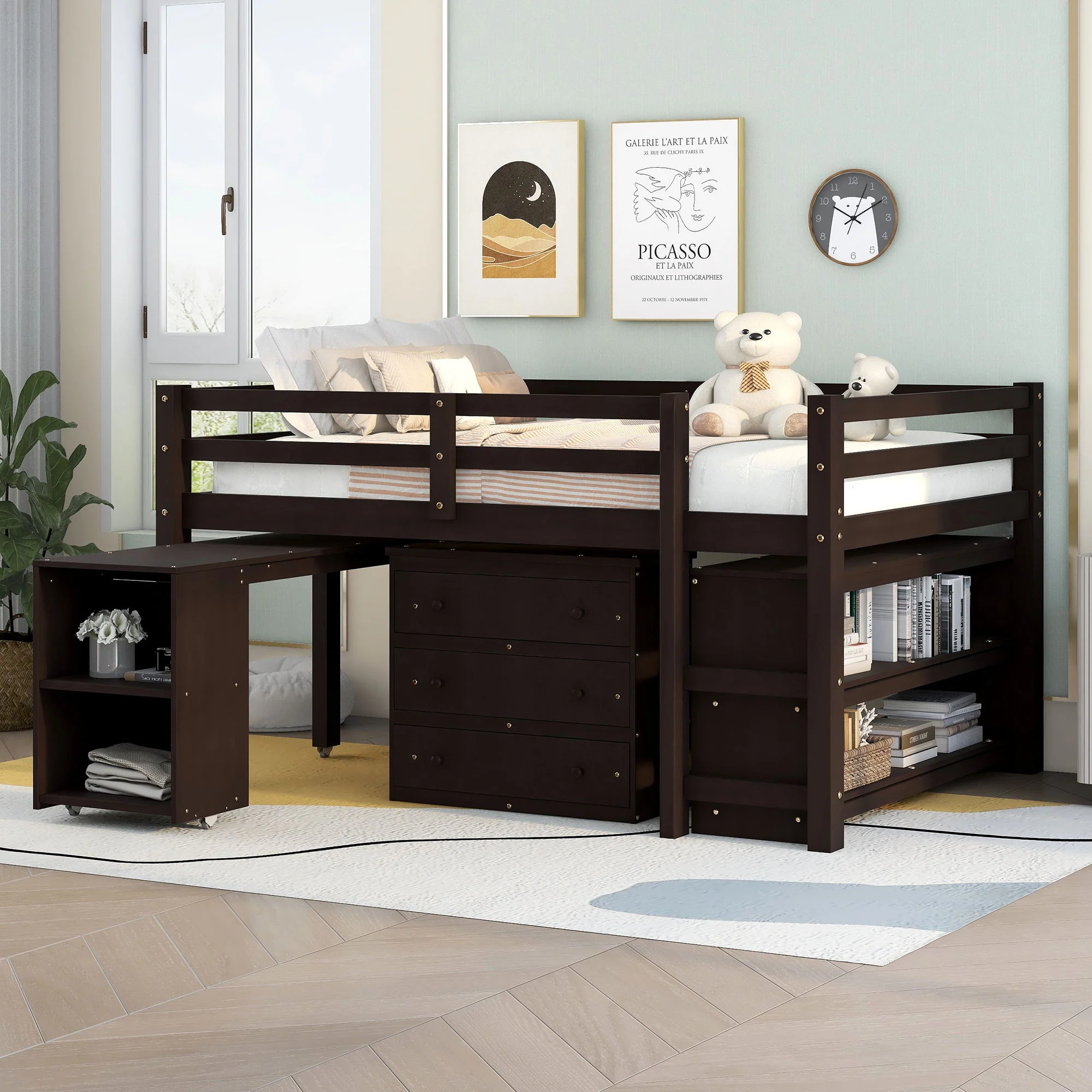 Loft Low Study Bed With Cabinet, Shelves And Rolling Portable Desk, Multiple Functions - Image 2