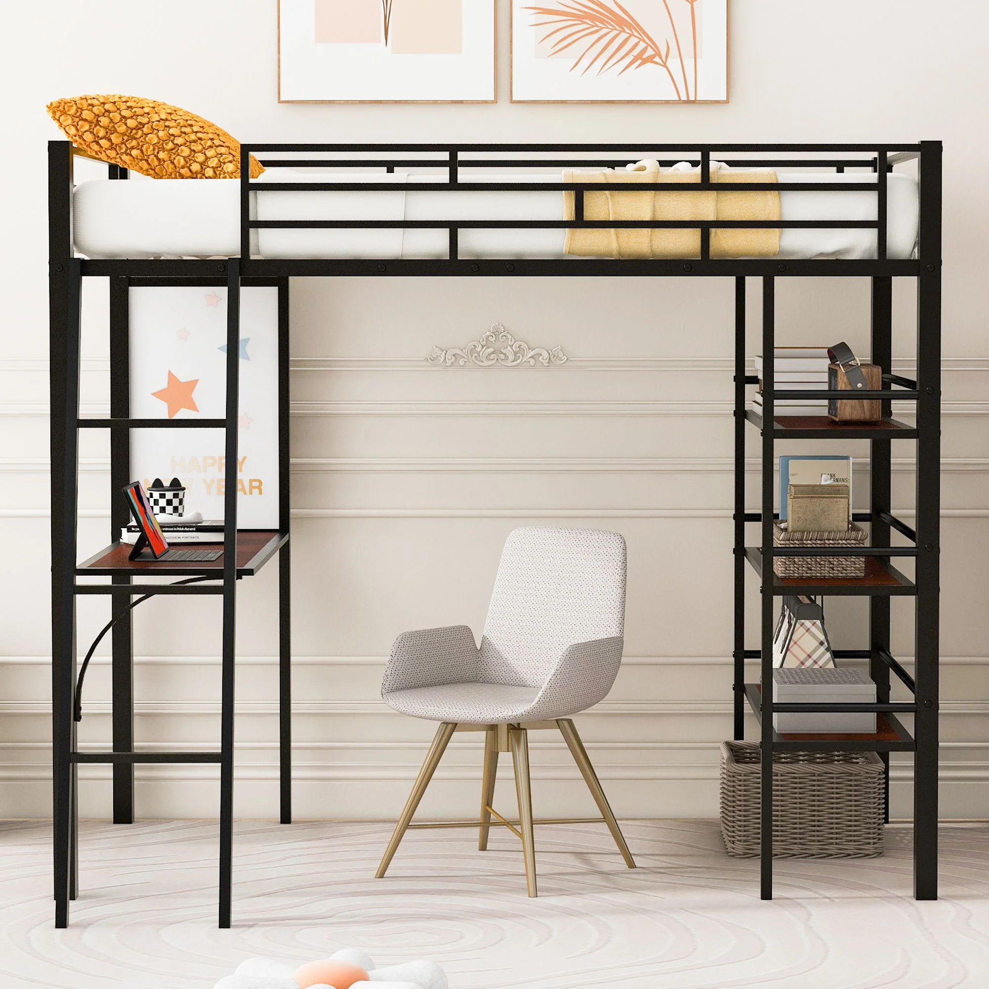 Loft Metal Bed With 3 Layers Of Shelves And Desk, Stylish Metal Frame Bed With board - Image 4