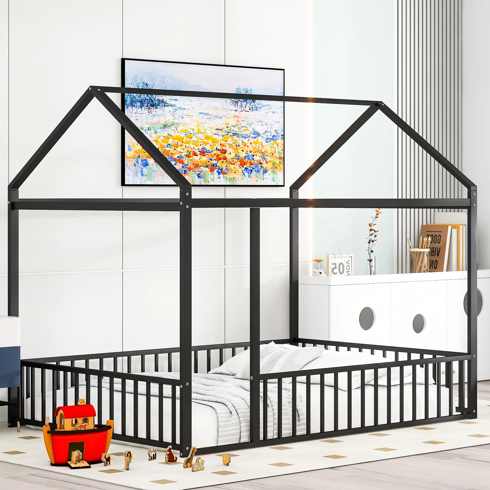 Metal Bed House Bed Frame With Fence - Image 6