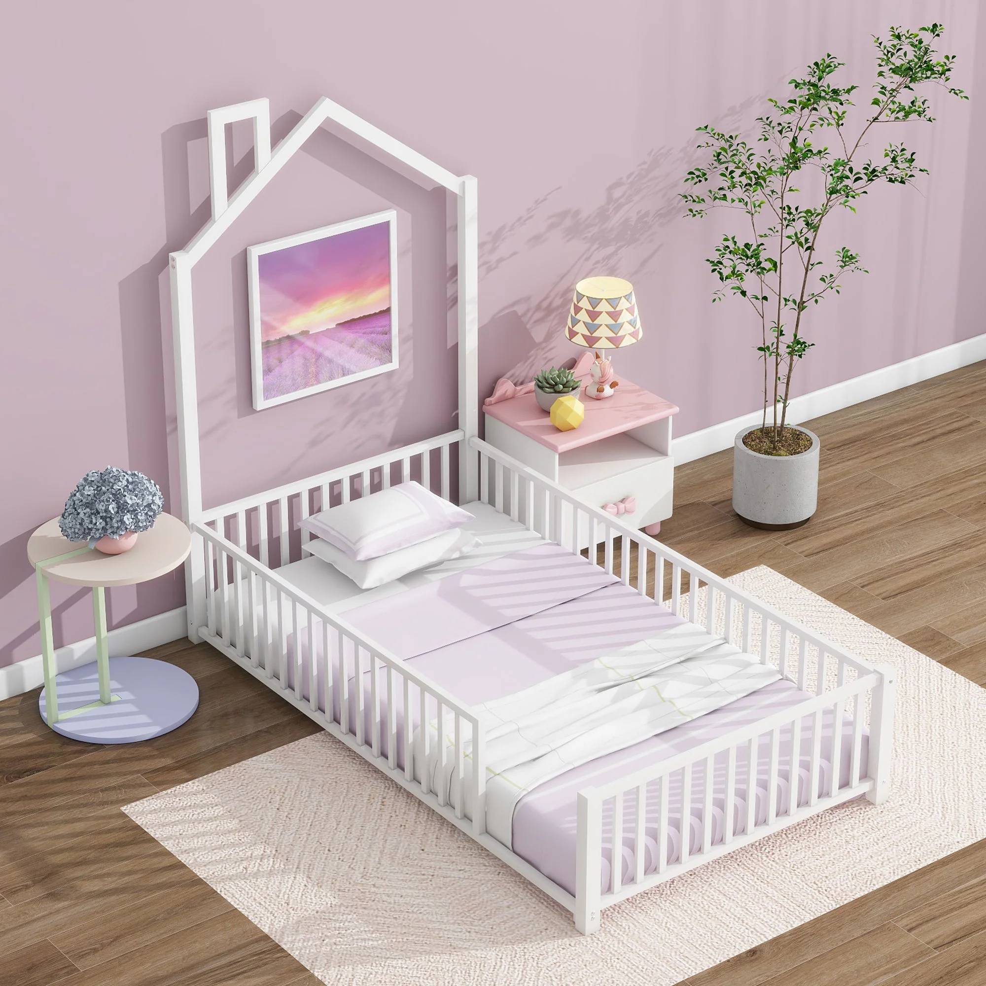 Metal House Platform Bed With Guardrail And Chimney - Image 2