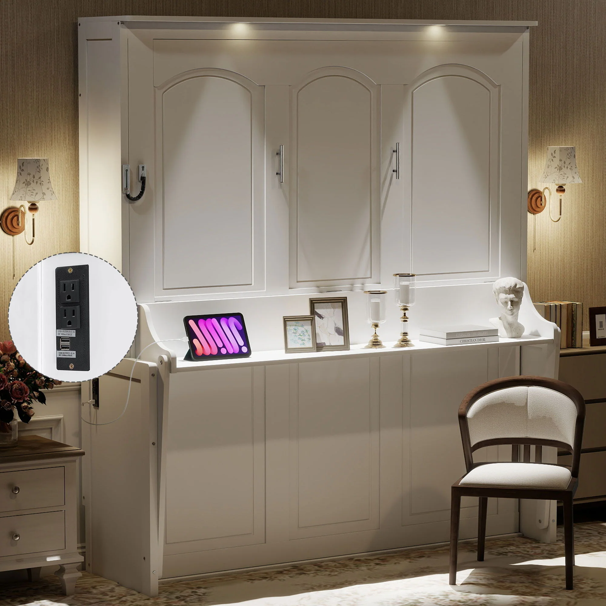 Murphy Bed With Desk, LED Lights & USB Charging Station - Image 5