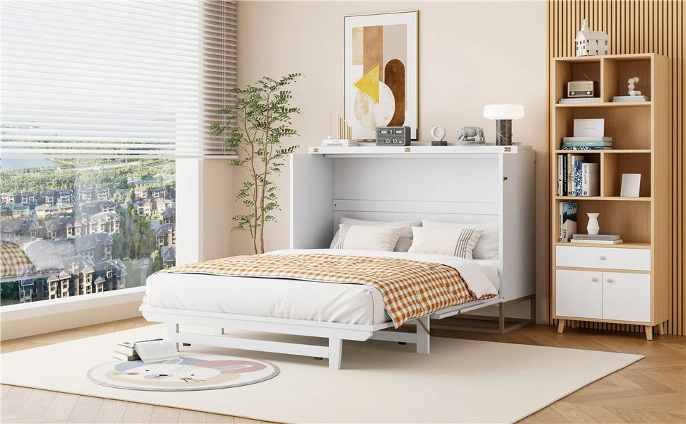 Murphy Bed With Frosted Glass Doors Design, Fake Drawers, Metal Legs - Image 5