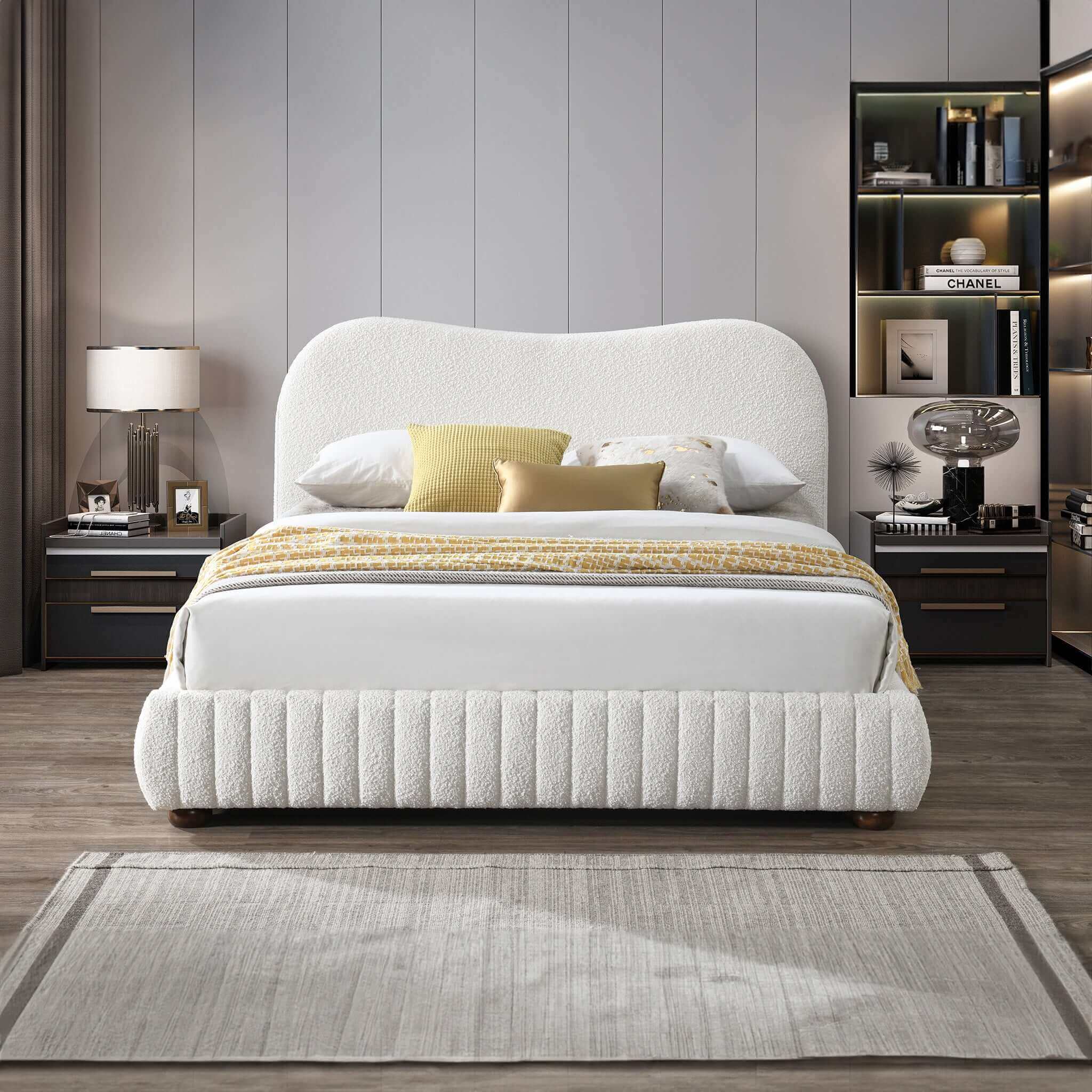 Norme - Queen Size Upholstered Low Profile Platform Bed - Cream - Image 3