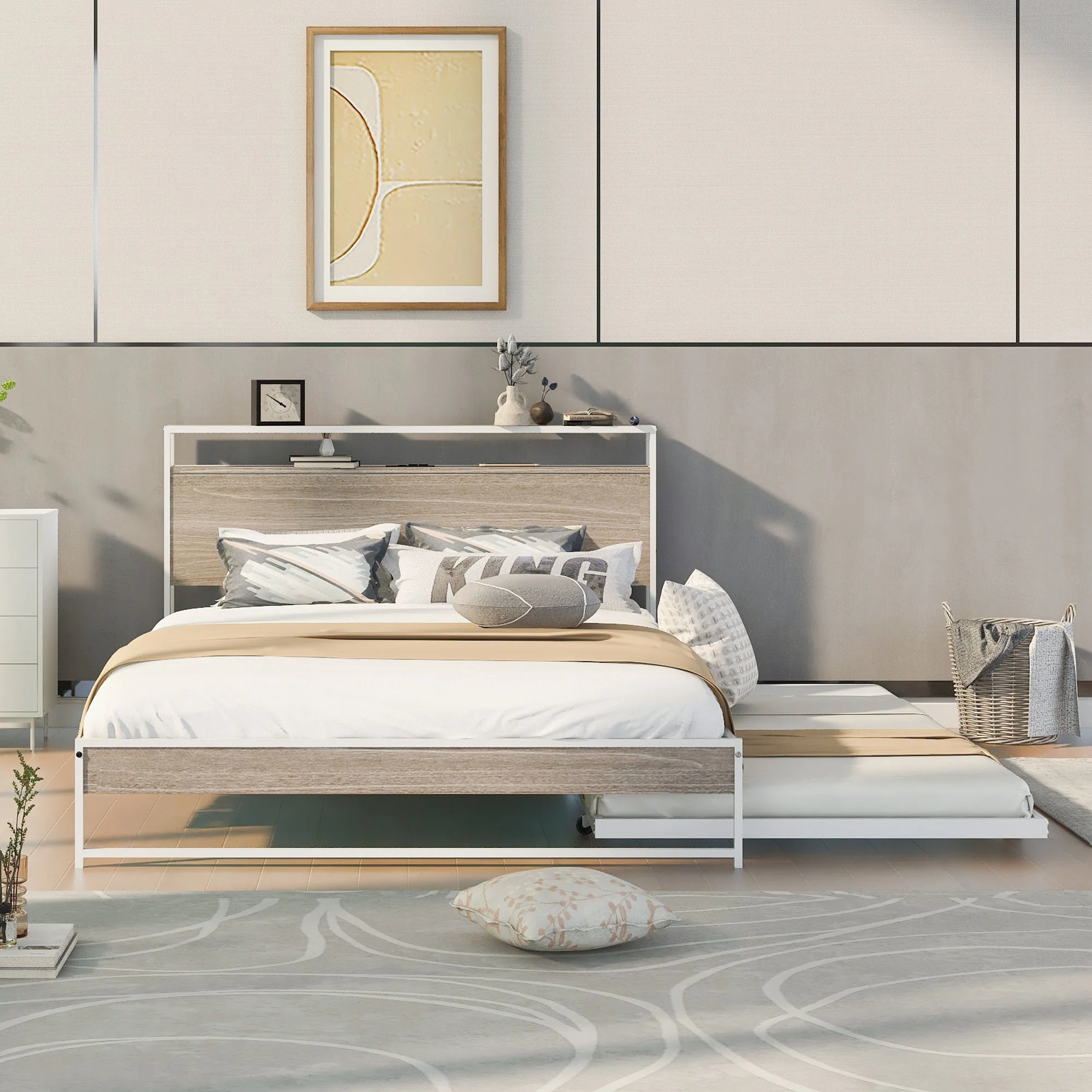 Platform Bed Frame With Trundle, USB Ports And Slat Support, No Box Spring Needed - Image 12