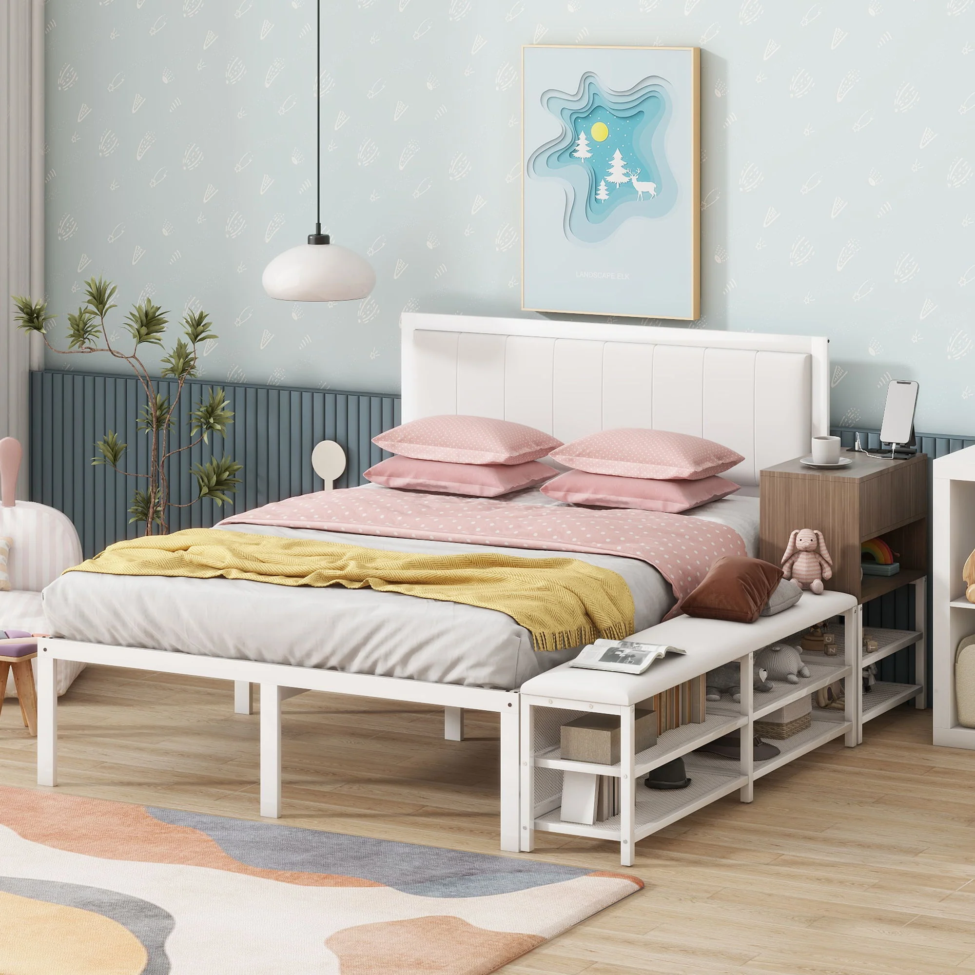 Platform Bed With 2 Tier Storage Shelves, Storage Cabinet - Image 3