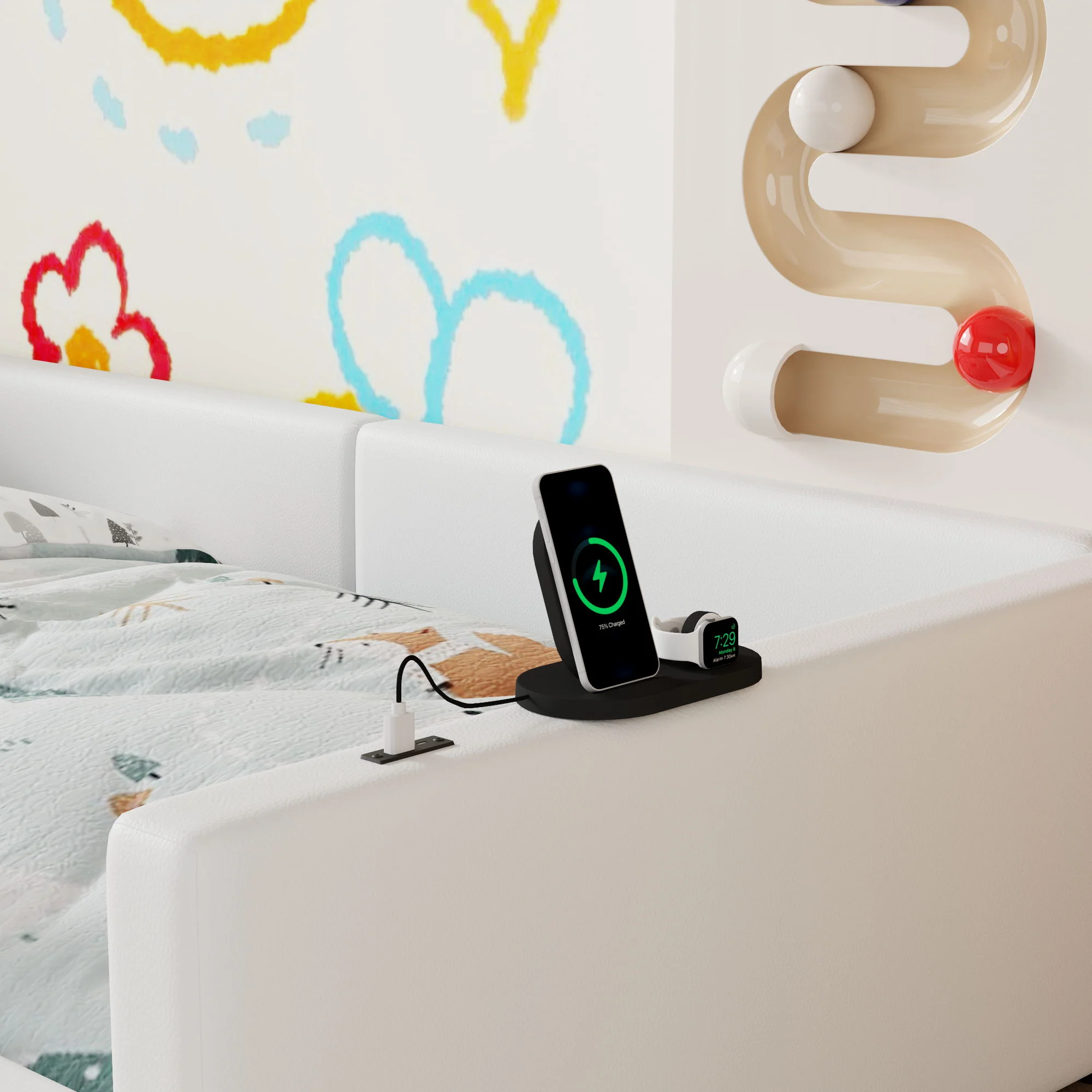 Platform Bed With Guardrail And Charging Station - Image 8