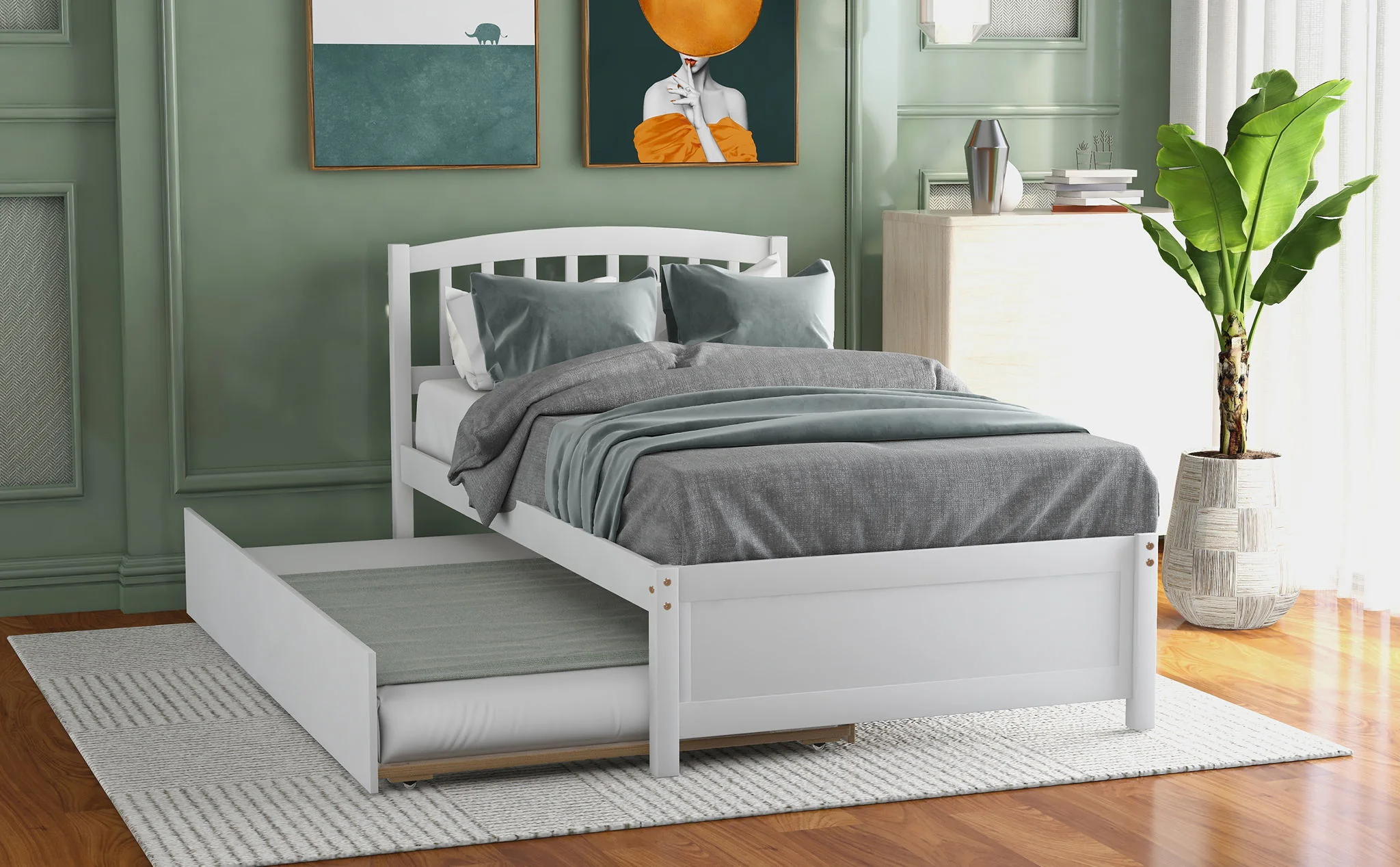 Platform Bed Wood Bed Frame With Trundle - Image 14